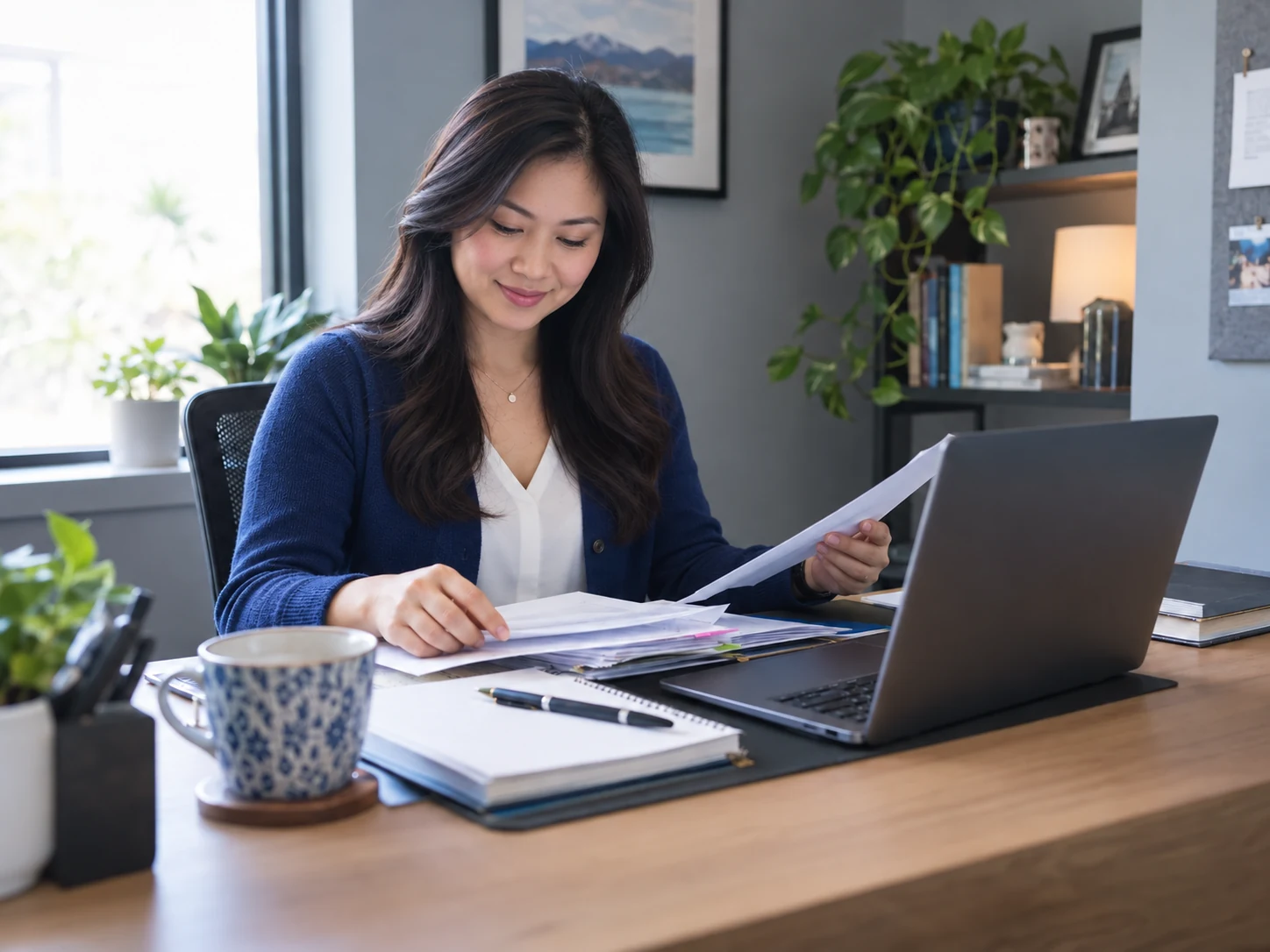 Illustrative remote administrative professional working at her laptop