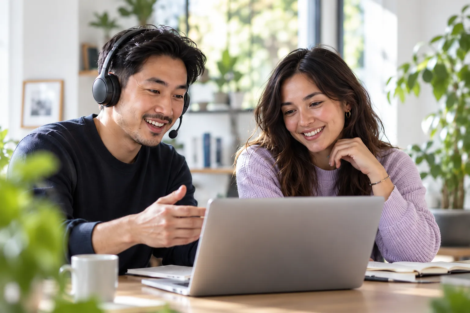 Two remote professionals reviewing work together on a laptop, one wearing a microphone headset