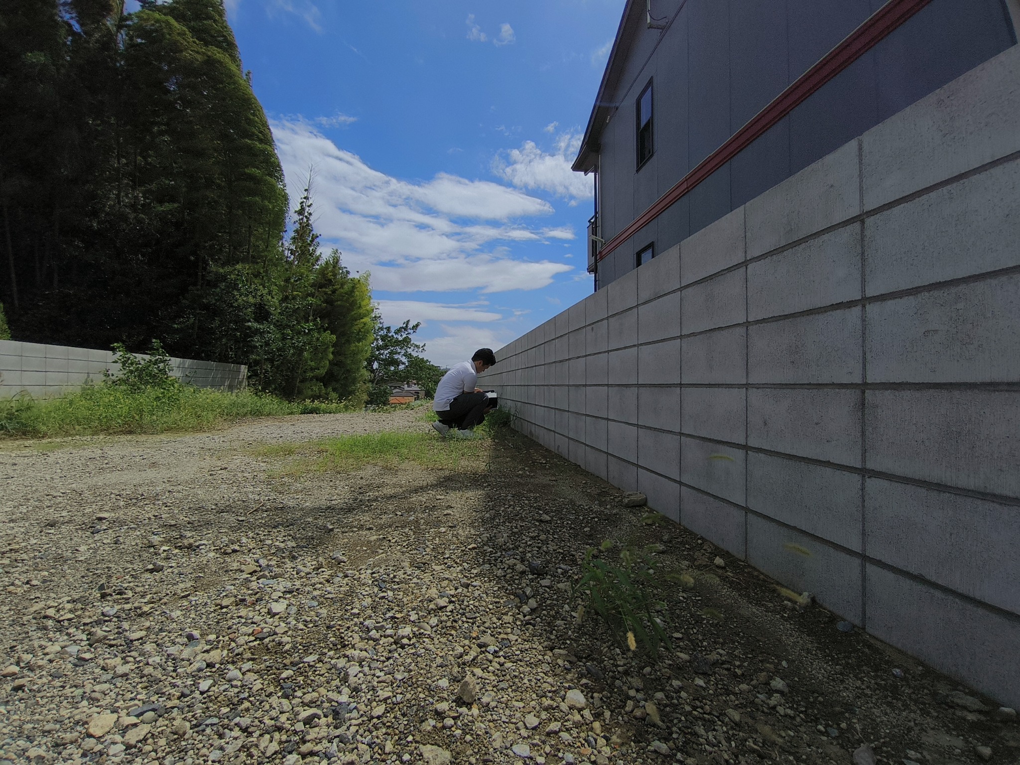 屋外の塀をかがんで確認する平山