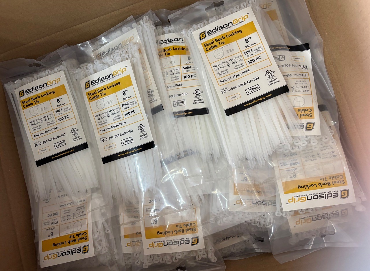 Packaged EdisonGrip natural steel locking barb cable ties
