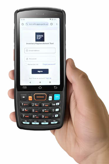 Handheld barcode scanner pictured in the EdisonGrip inventory replenishment brochure