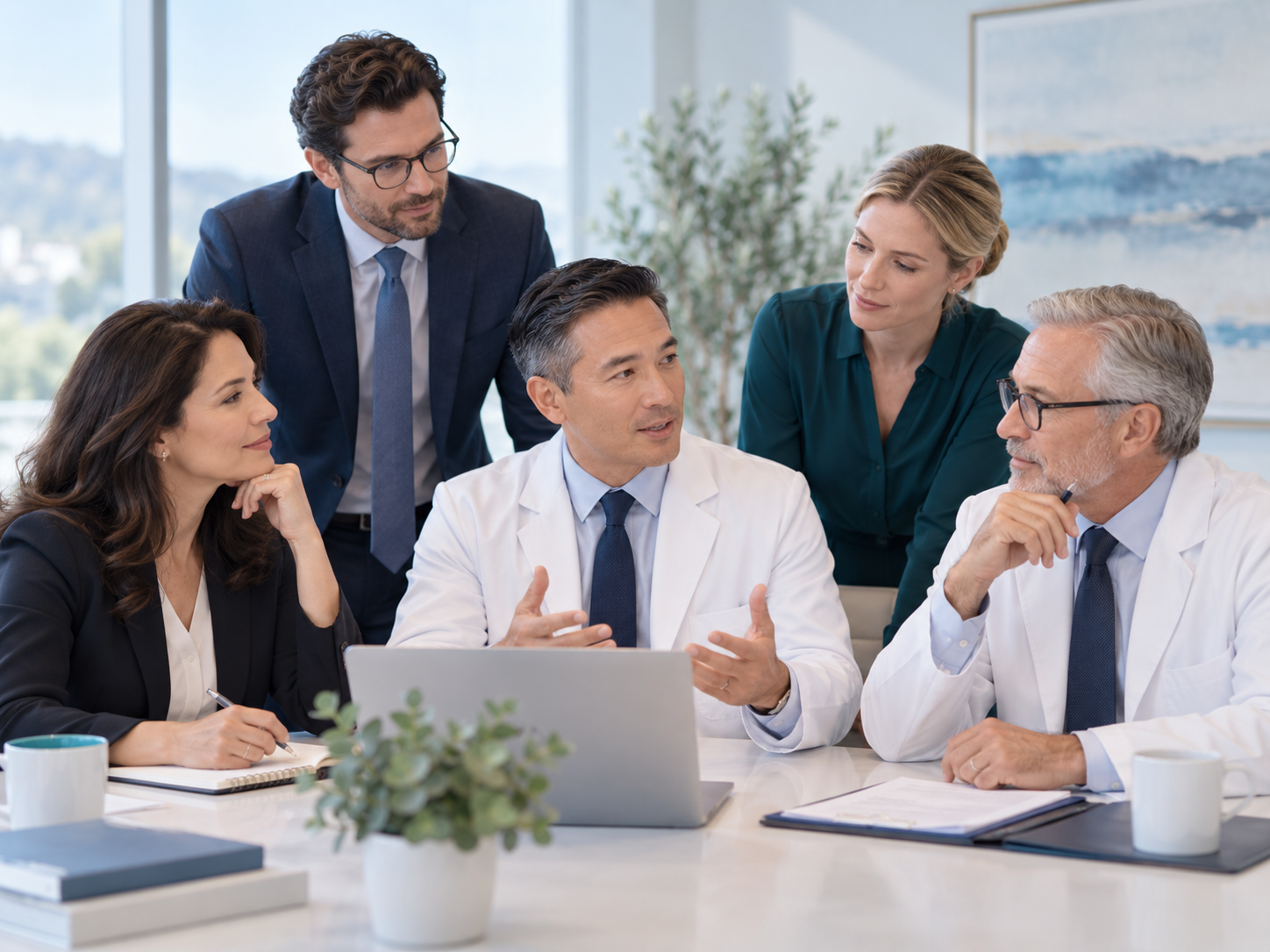 Physician-led medical-legal leadership and operations team collaborating in a bright professional office.