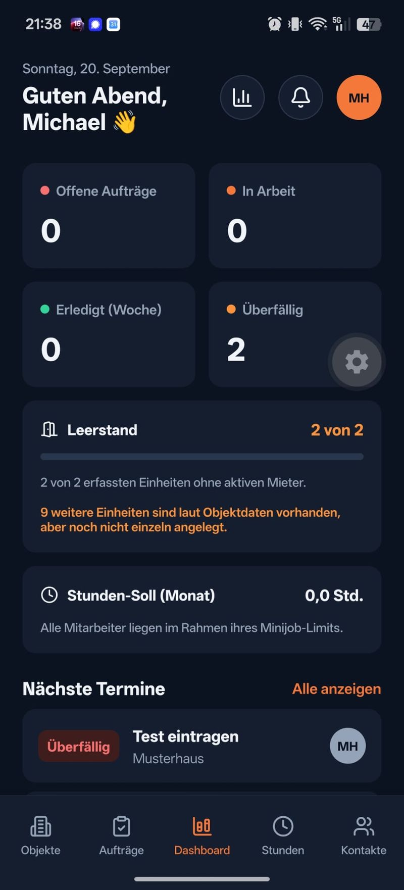 MietbaseGo Dashboard mit offenen Aufgaben, Leerstand und nächsten Terminen