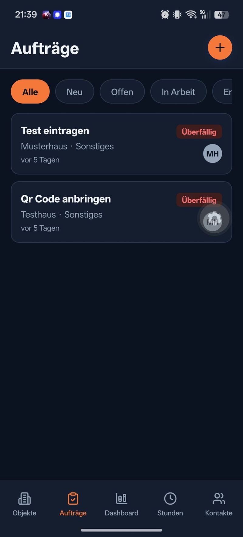 Aufträge-Liste in MietbaseGo mit Status und Objektzuordnung