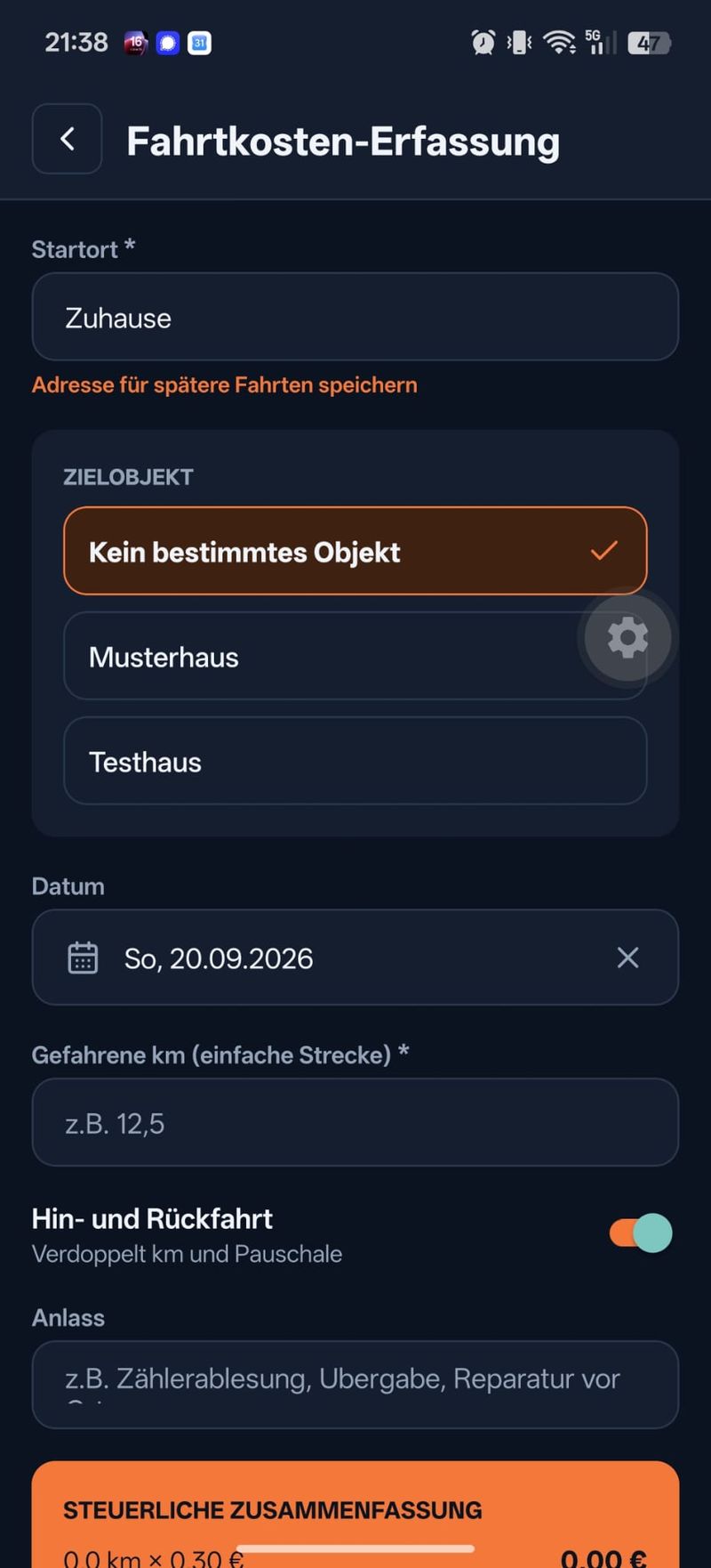 Fahrtkosten-Erfassung in MietbaseGo für die Steuererklärung