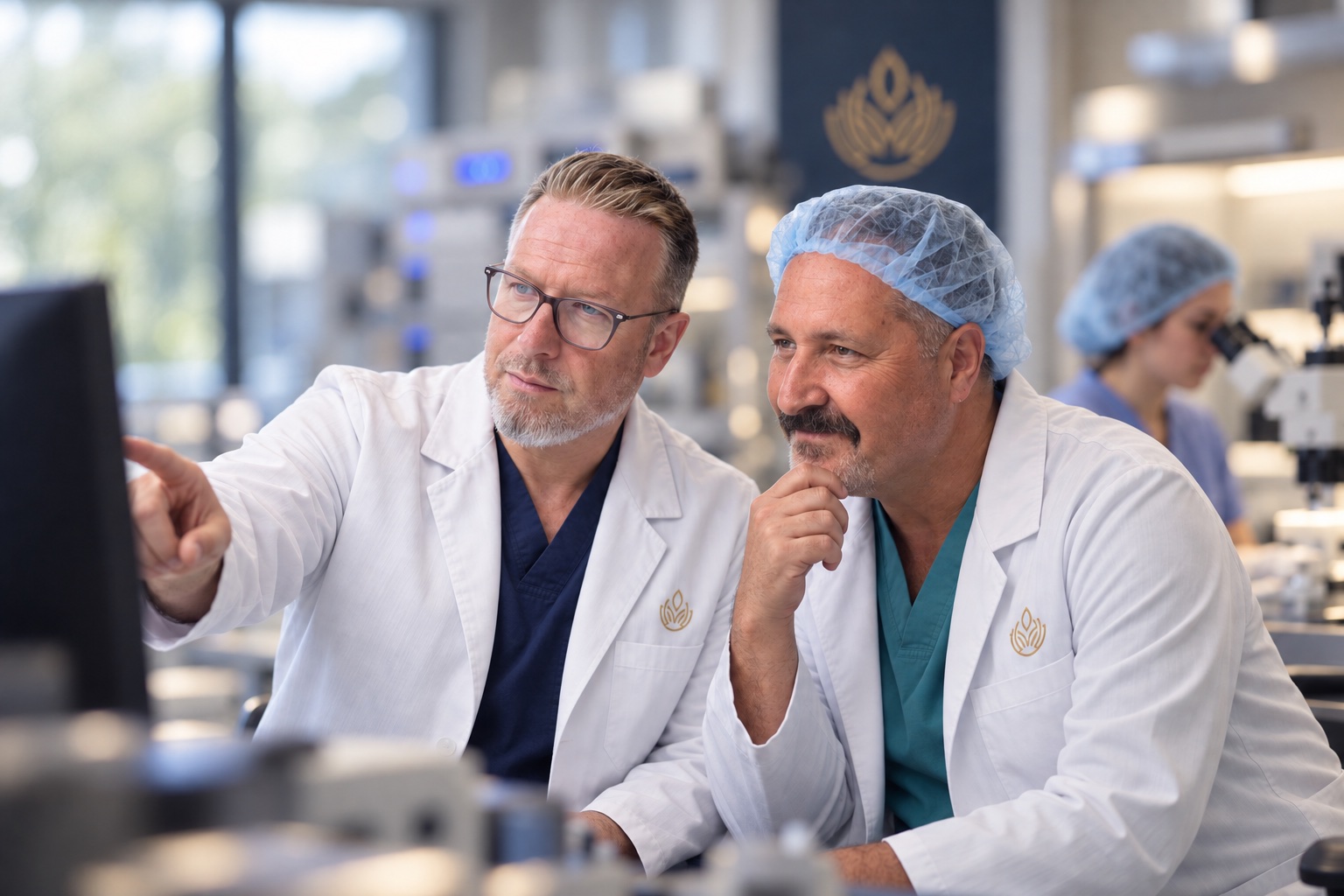 RCA physician and embryology director in a laboratory collaboration scene
