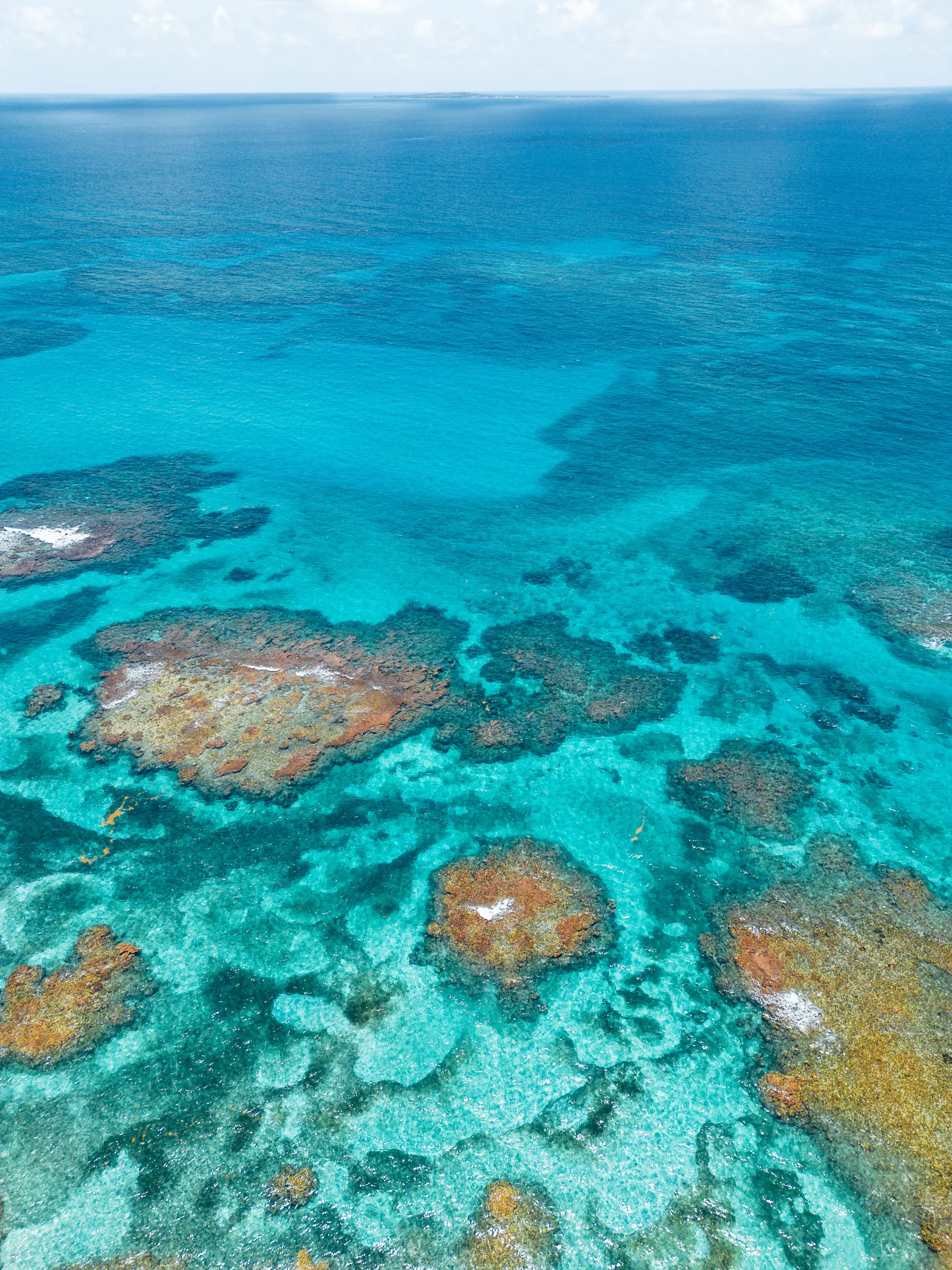Aerial view of coral reef in turquoise Caribbean water, Nicaragua