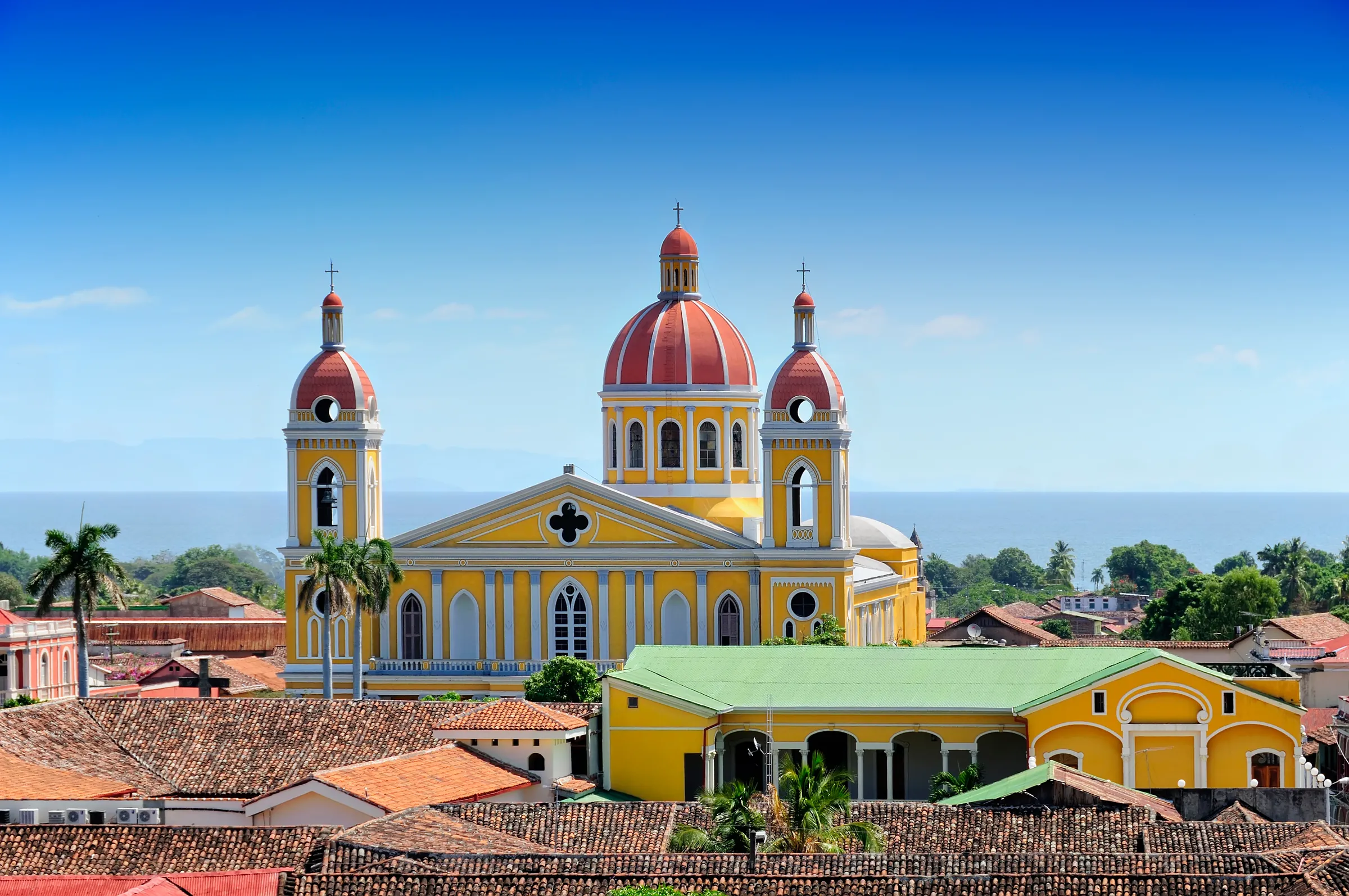 Granada’s yellow cathedral with Lake Nicaragua on the horizon