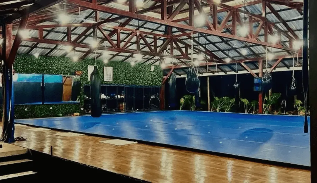 The open-air training gym at Jungle's Edge lit up at night