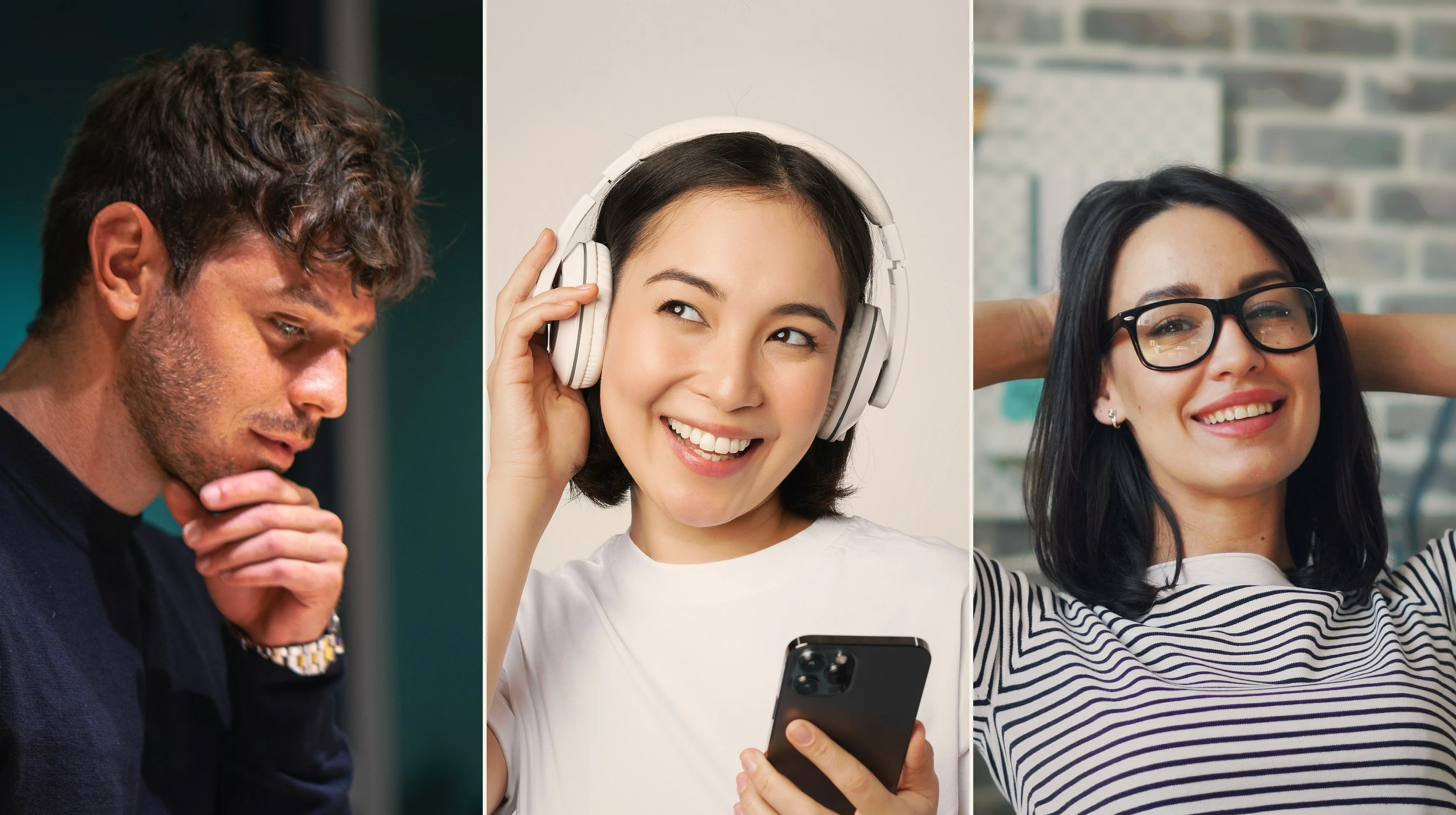 Three Builders at work: a man in a dark sweater, a woman in white with headphones, a woman in a striped top.