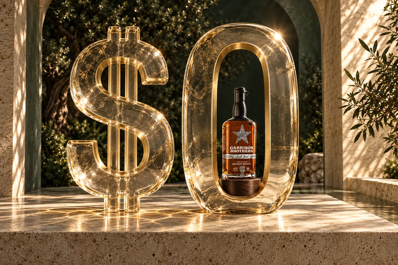 Sculptural glass dollar sign and zero with Garrison Brothers Small Batch bourbon