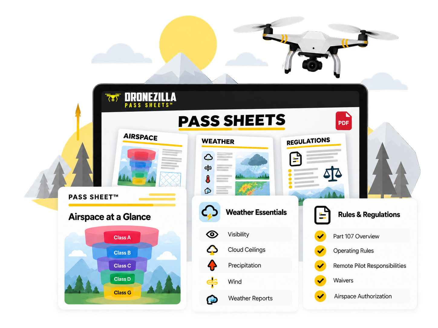 Dronezilla PASS SHEETS digital PDF previews for airspace, weather and regulations