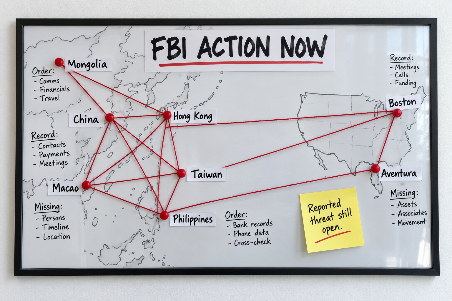 FBI ACTION NOW finished board in a thin black 11 by 17 frame, with white sheet, red string, pins labeled Philippines, Hong Kong, China, Macao, Taiwan, Mongolia, Boston and Aventura, and yellow Reported threat still open note.