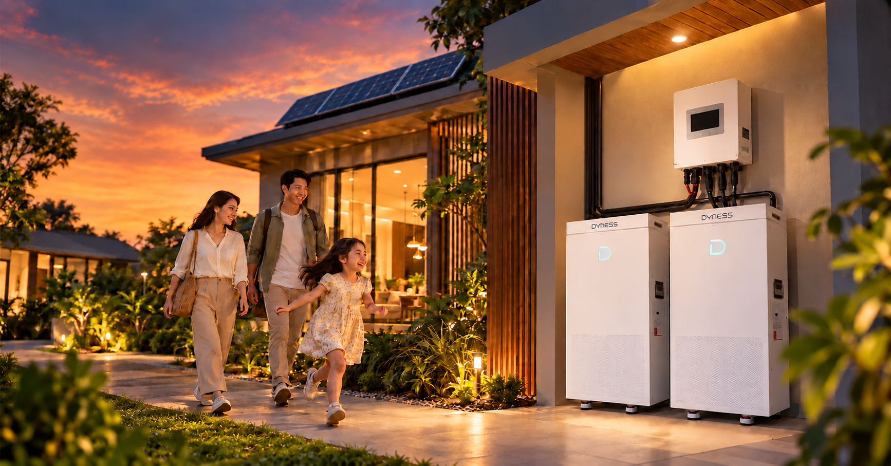 Family at a solar-powered home with Dyness energy storage batteries