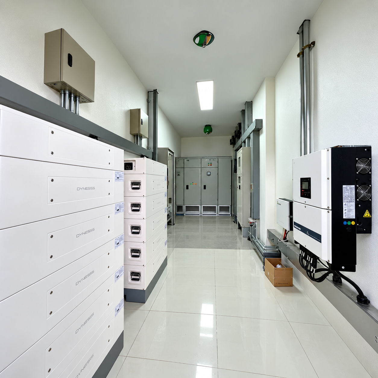Battery modules and installed electrical equipment in a storage room