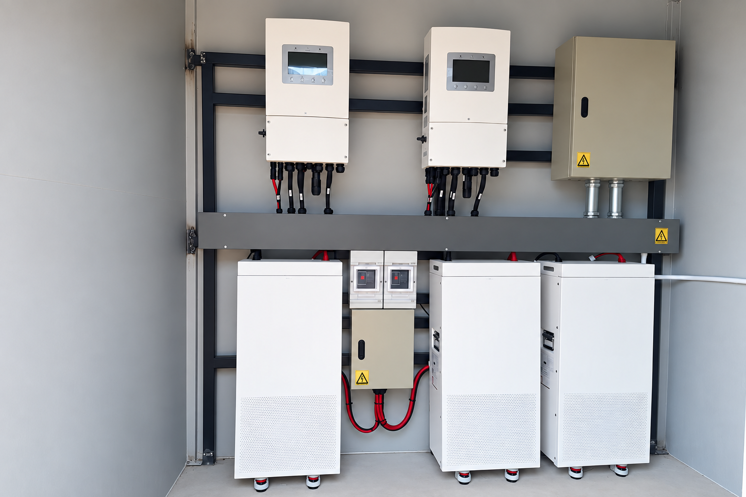 Three storage batteries and two inverters in an installation