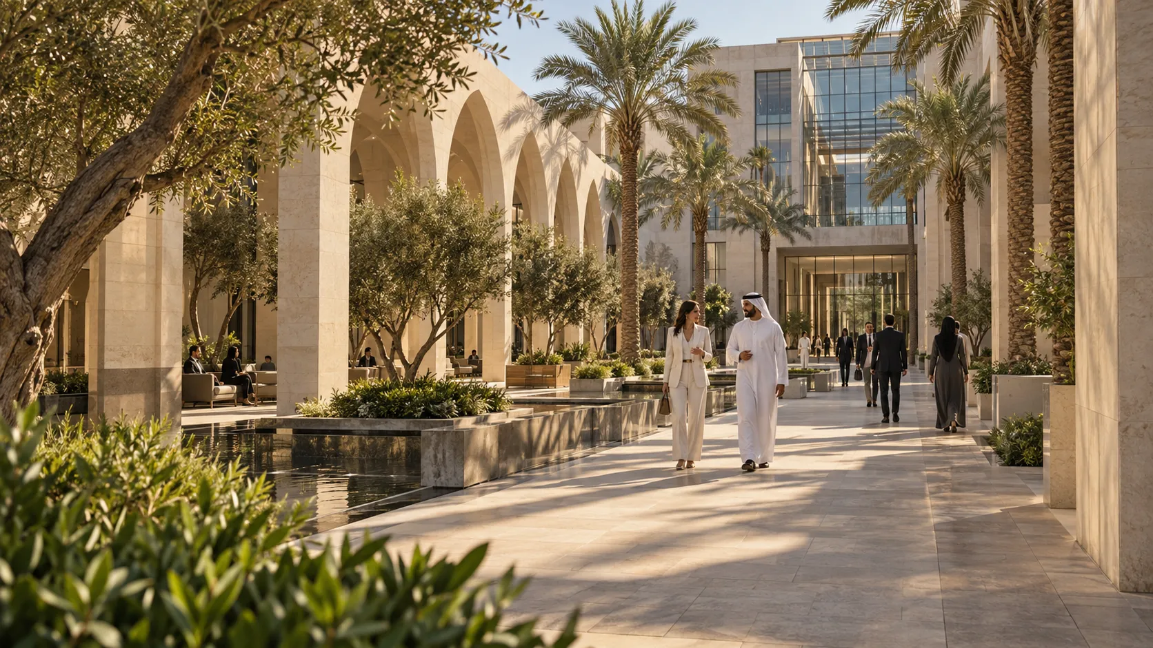 People walking through a shaded courtyard lined with palm trees in Dubai Healthcare City