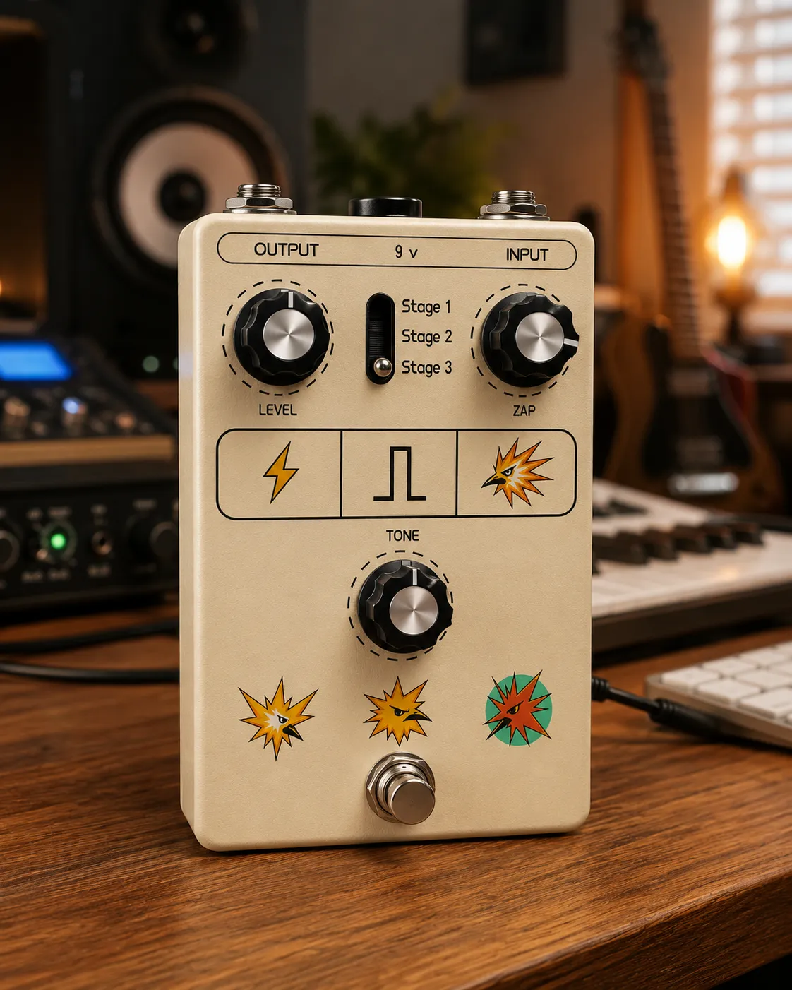 ZAP + EVOLVE pedal render on a wooden desk in a home studio.