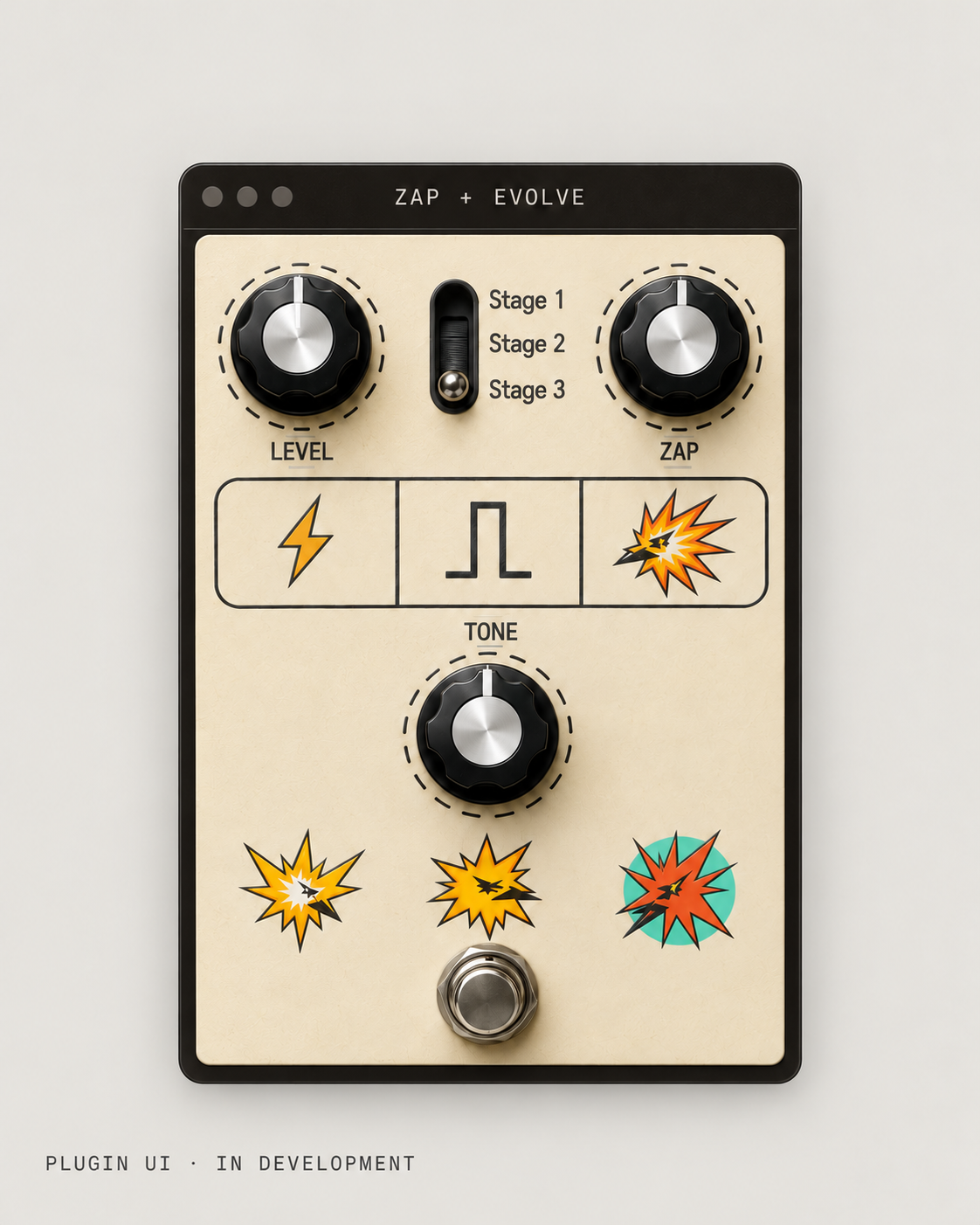ZAP + EVOLVE plugin interface with Level, Zap and Tone controls and a three-stage switch