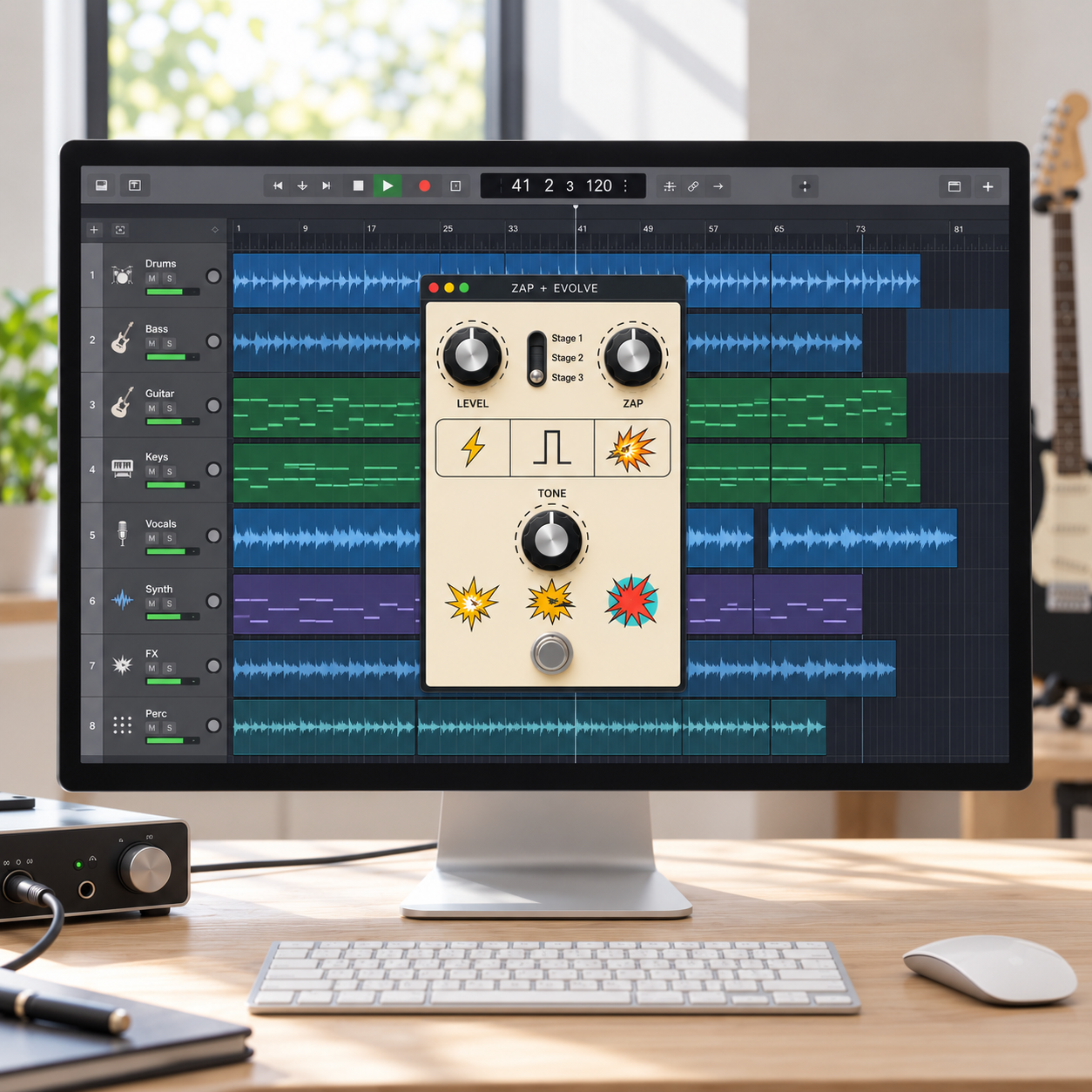ZAP + EVOLVE plugin open inside a DAW session on a studio monitor, with a keyboard and audio interface on the desk.