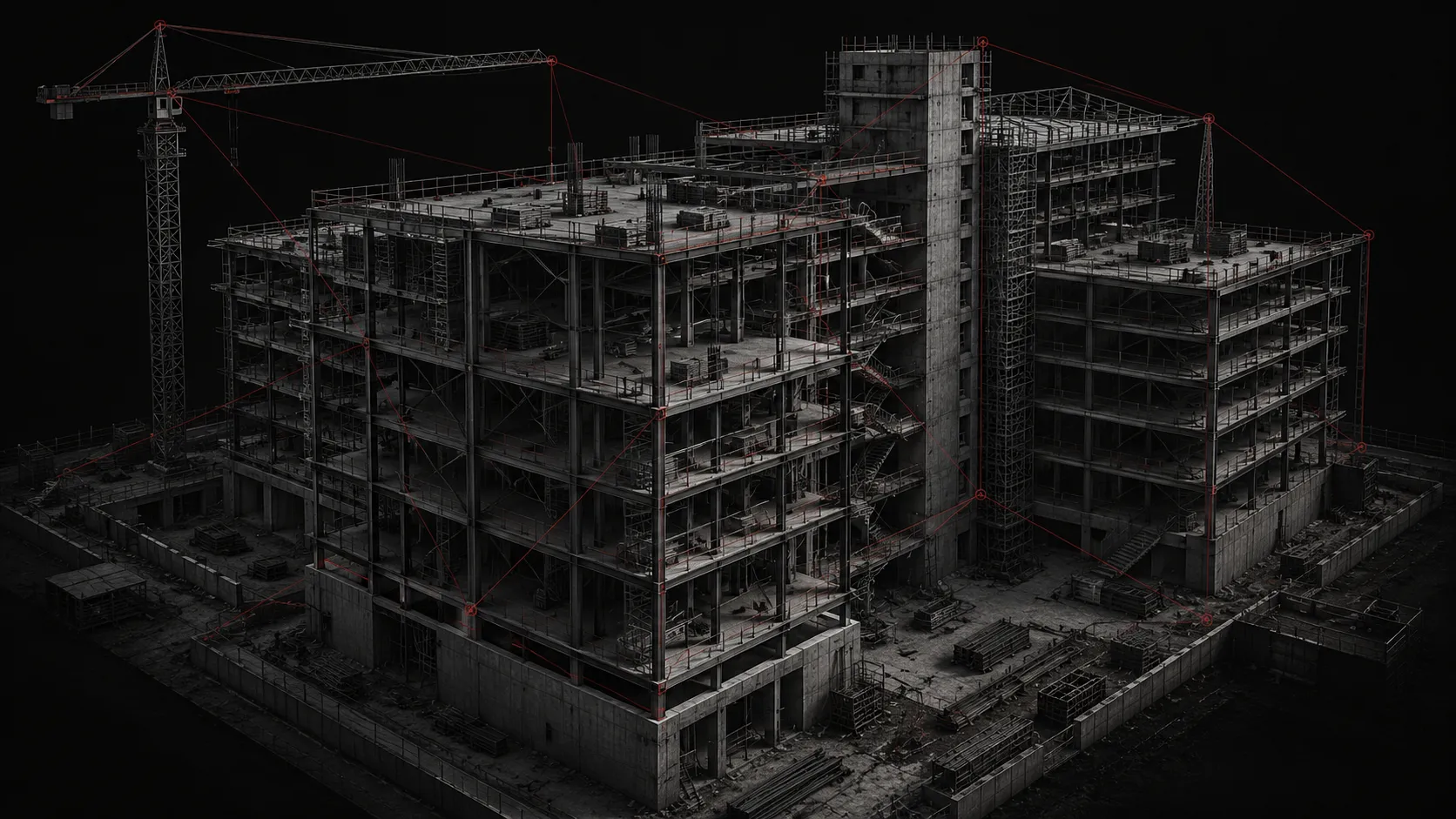 Conceptual commercial building structure with restrained red lines connecting project constraints
