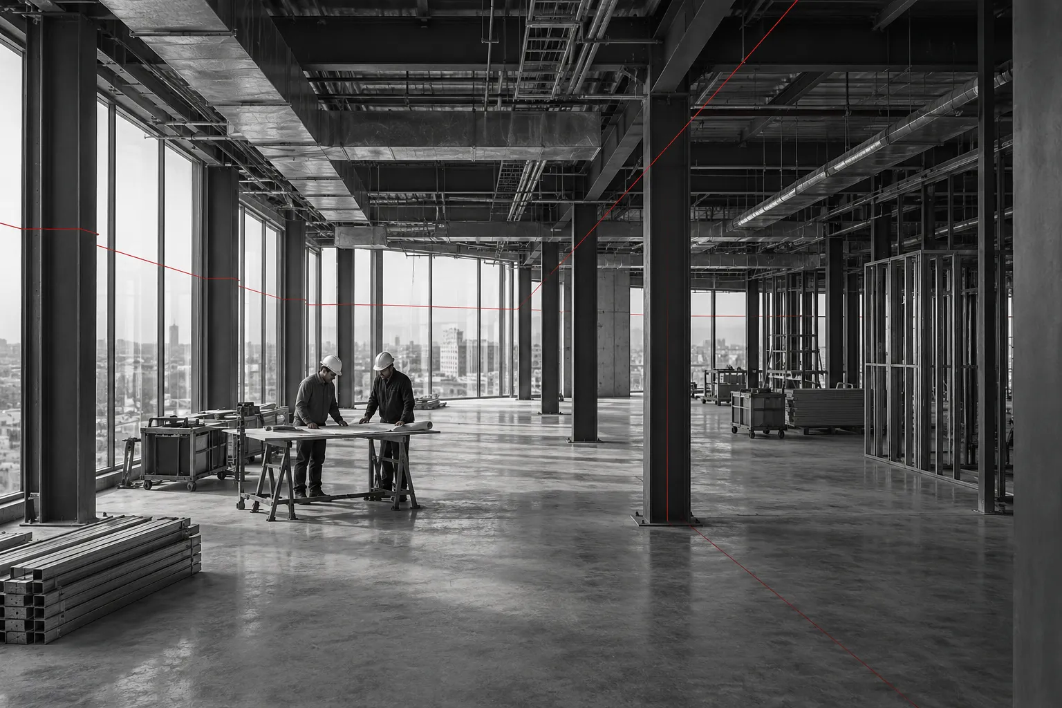 Conceptual construction professionals reviewing plans inside a commercial building, with red survey line accents