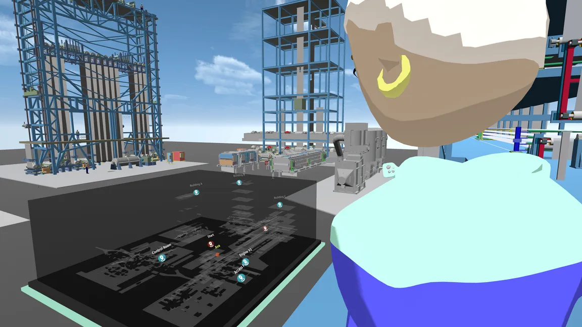 An avatar wearing a hard hat stands in a virtual plant beside an overview model with navigation markers.