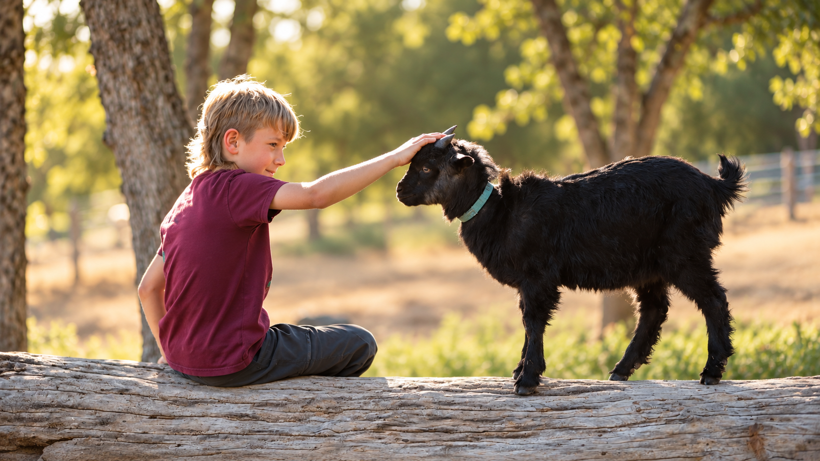 A boy sitting on a log resting his hand on a young black goat in late golden light