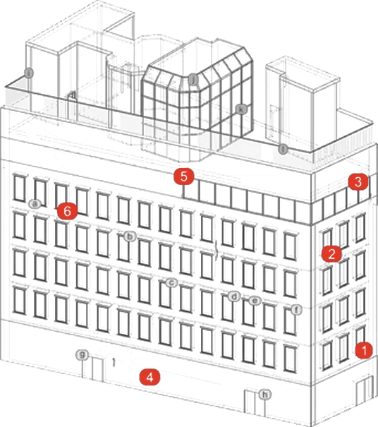 FISP façade diagram with numbered inspection conditions marked in red