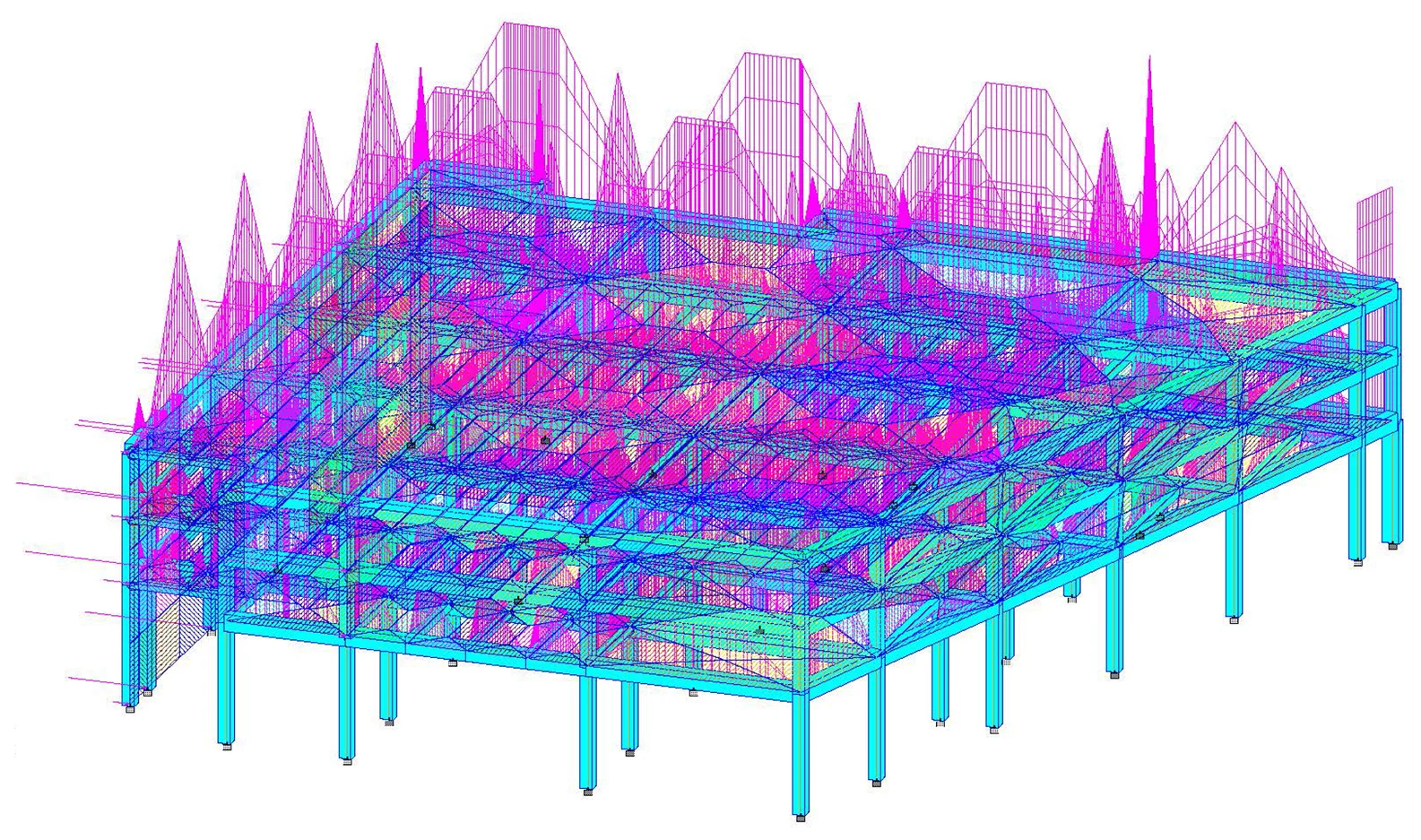 Structural analysis model of a multi-storey frame showing beam and column moment diagrams
