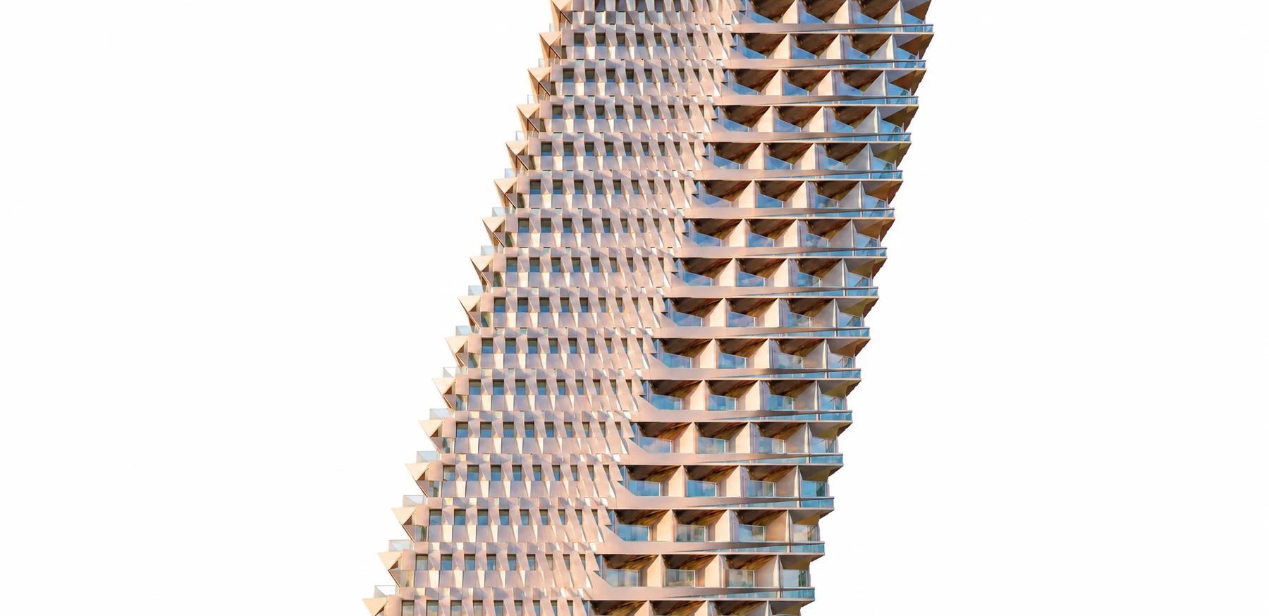 Close-up of a slanted residential tower showing stacked balconies and glazing