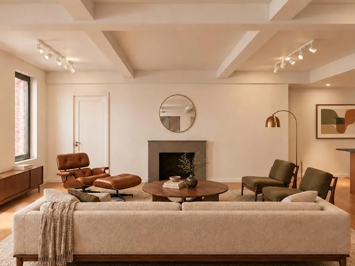 Rendering of the renovated living room at 32 Washington Square West
