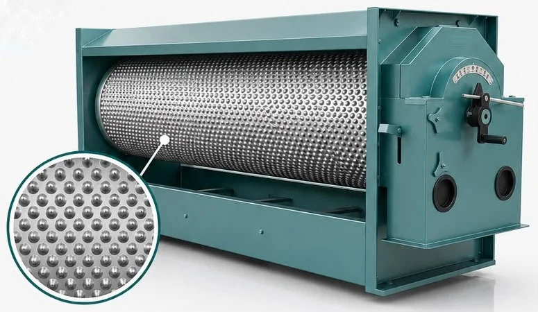 Somnath length grader fitted with a stainless steel teardrop indent screen, with a close-up of the indents