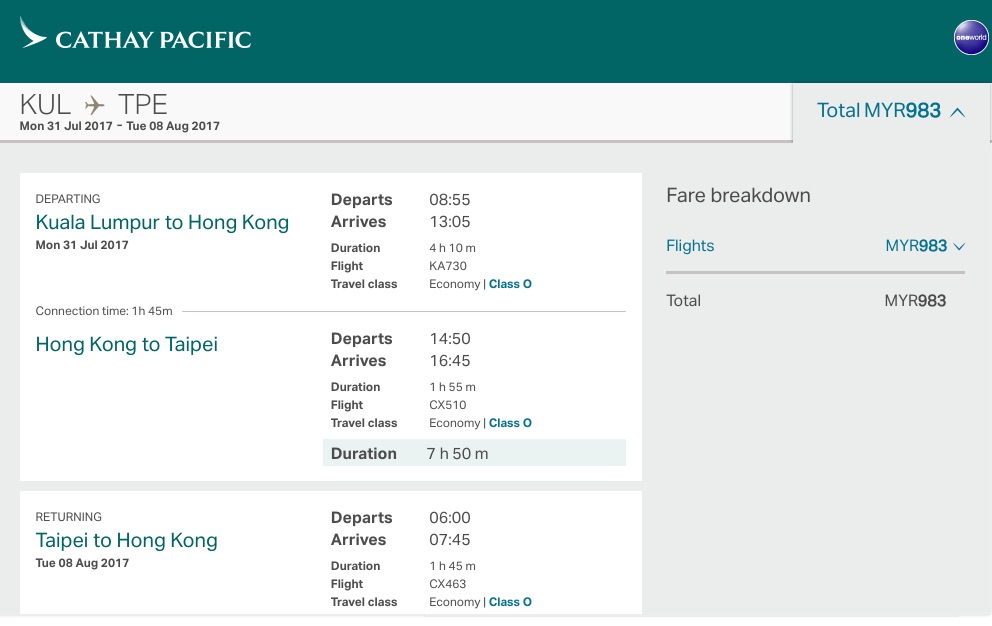 KL-Taipei Cathay Pacific Economy Class