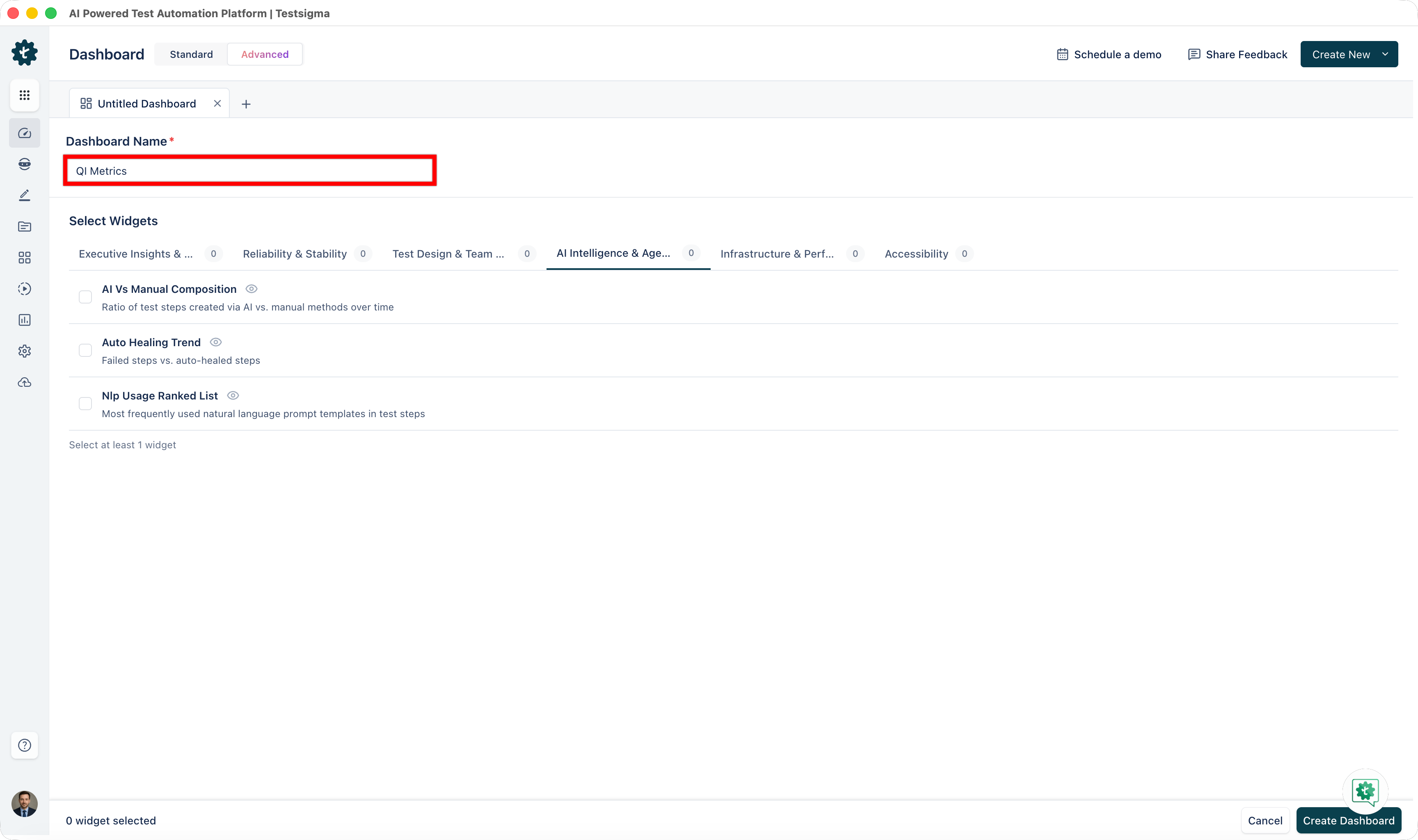 Entering Dashboard Name