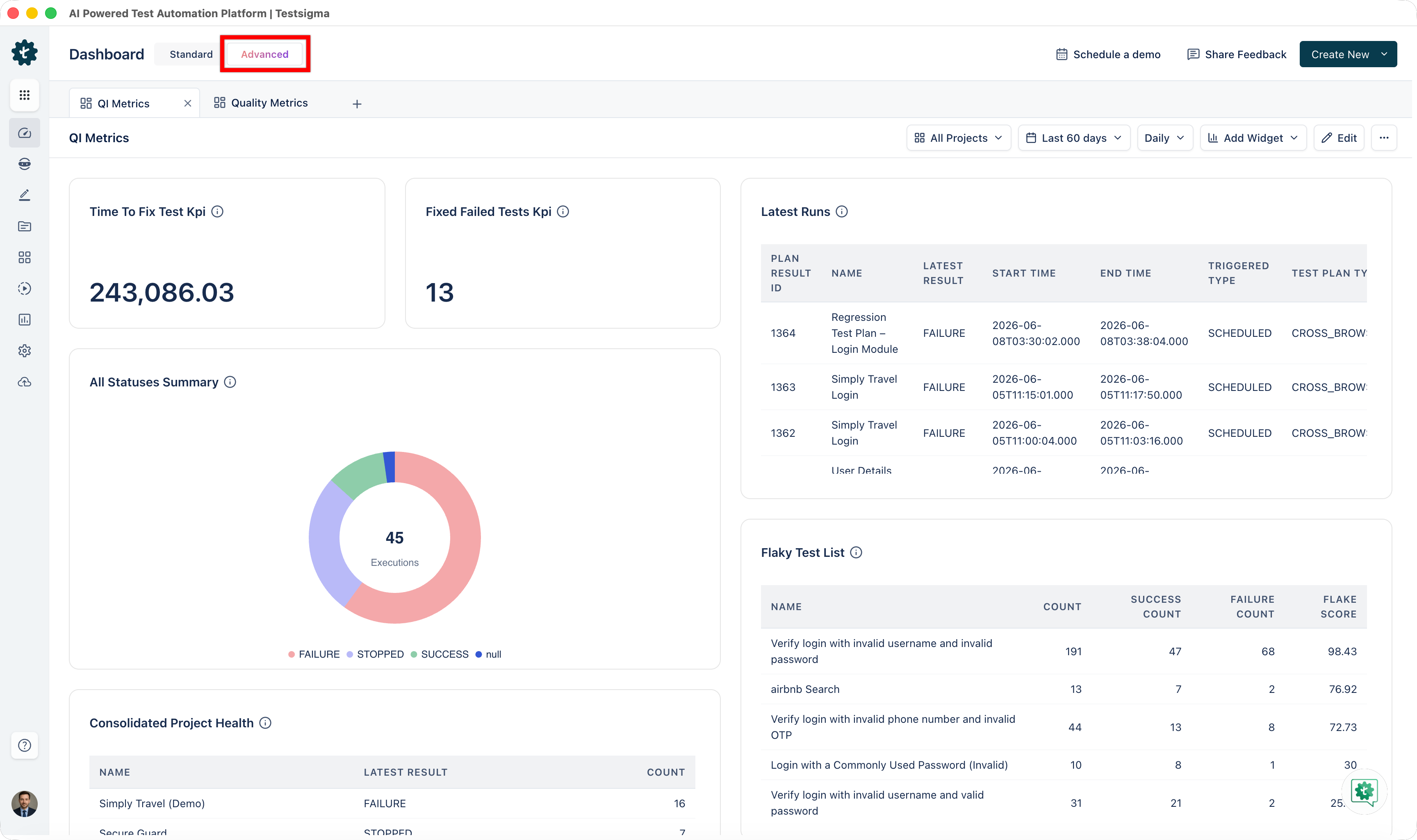 Navigating to Advanced Dashboard