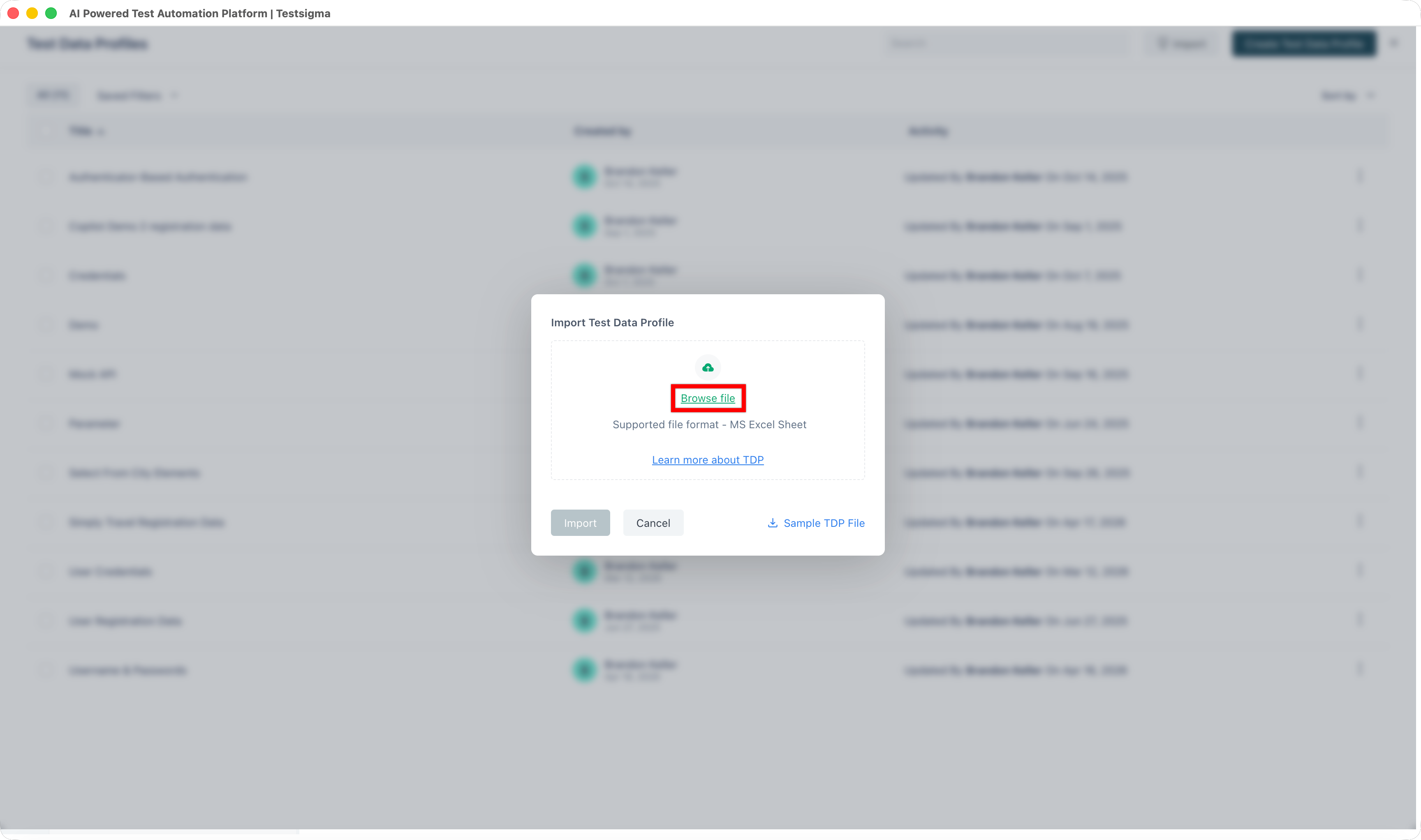 browse and select file in import test data profile dialog