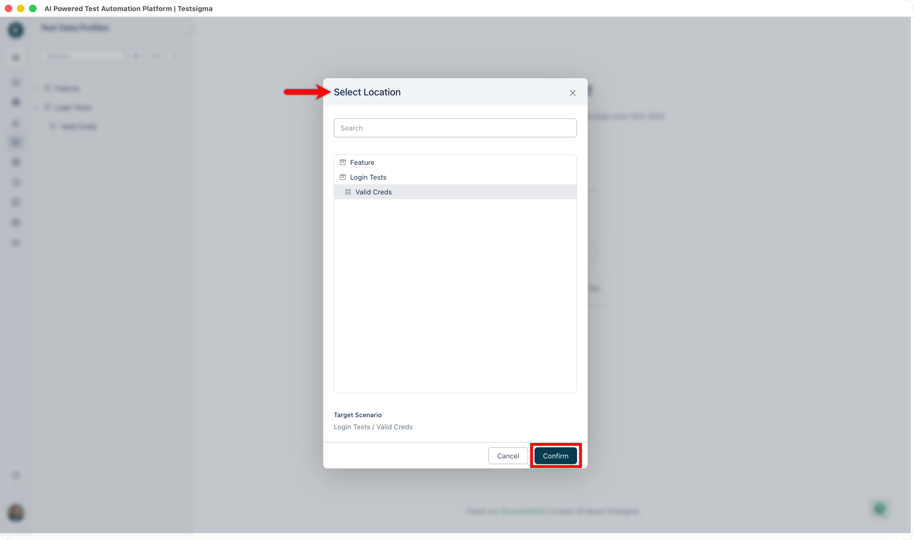 click confirm to set location for test data profile