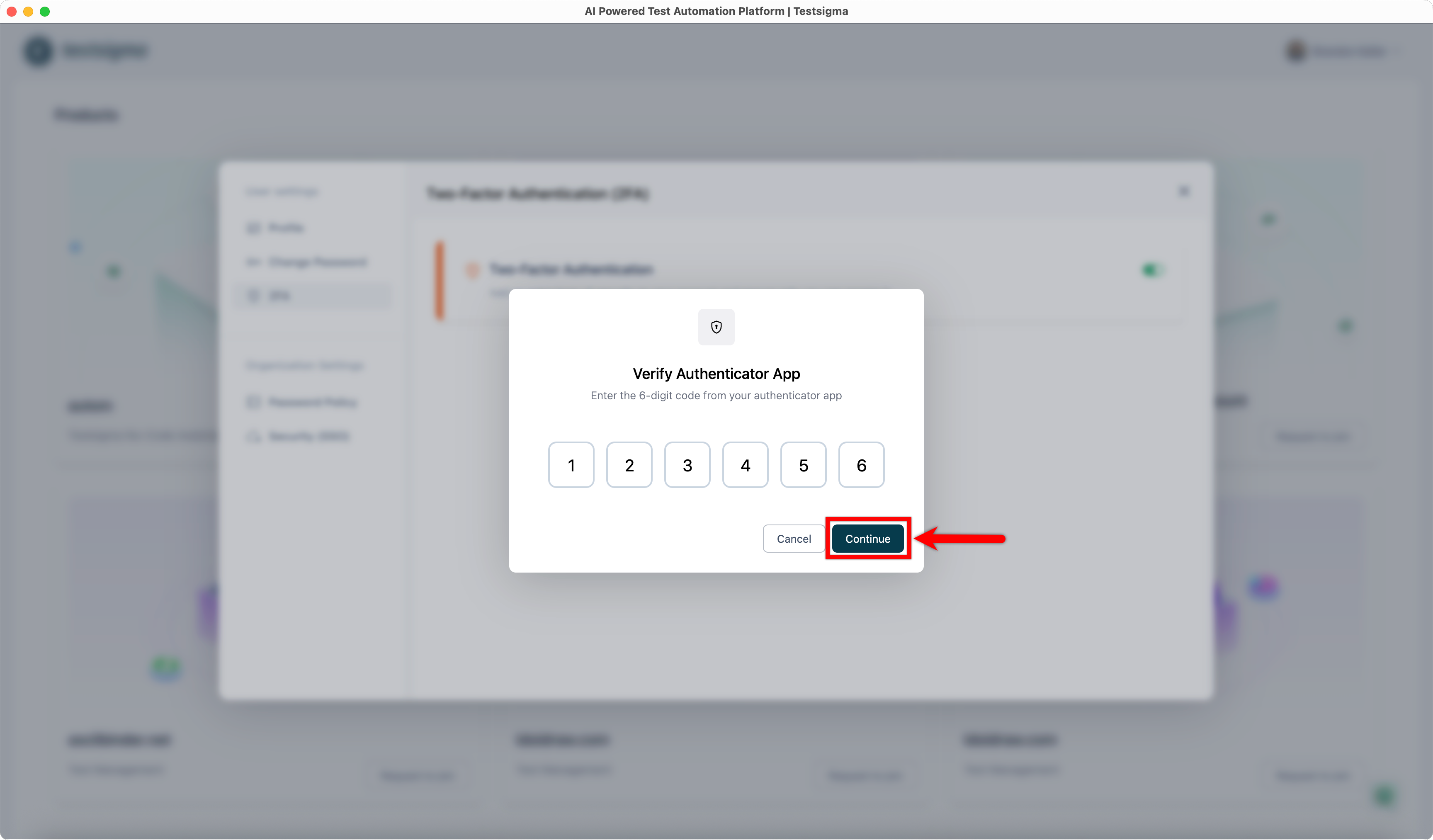 Continue after entering Authenticator Code