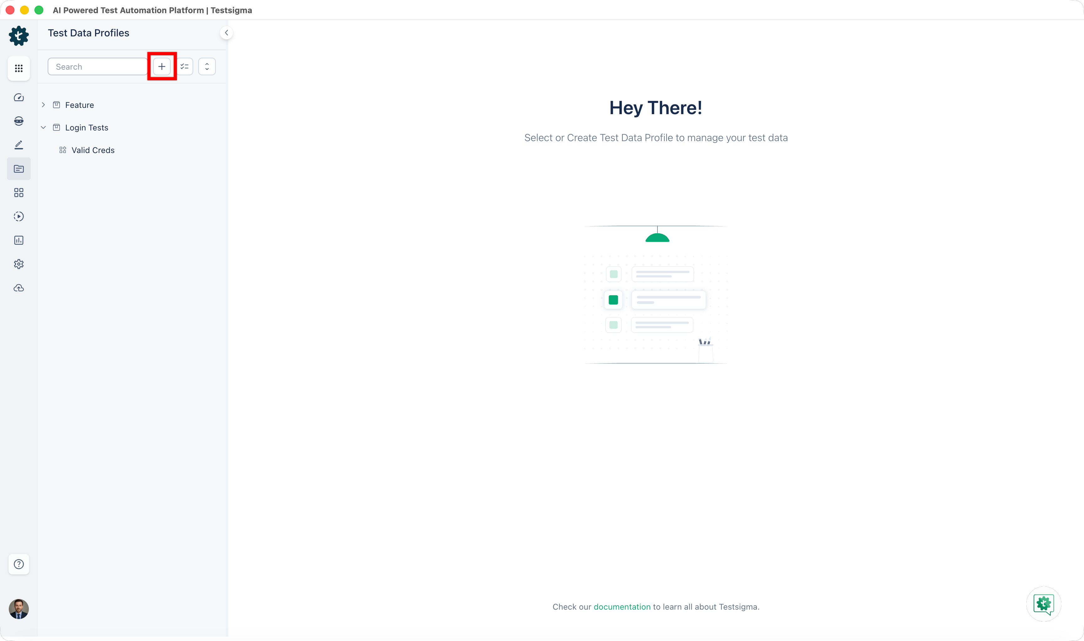 click plus button at top of left panel to create test data profile