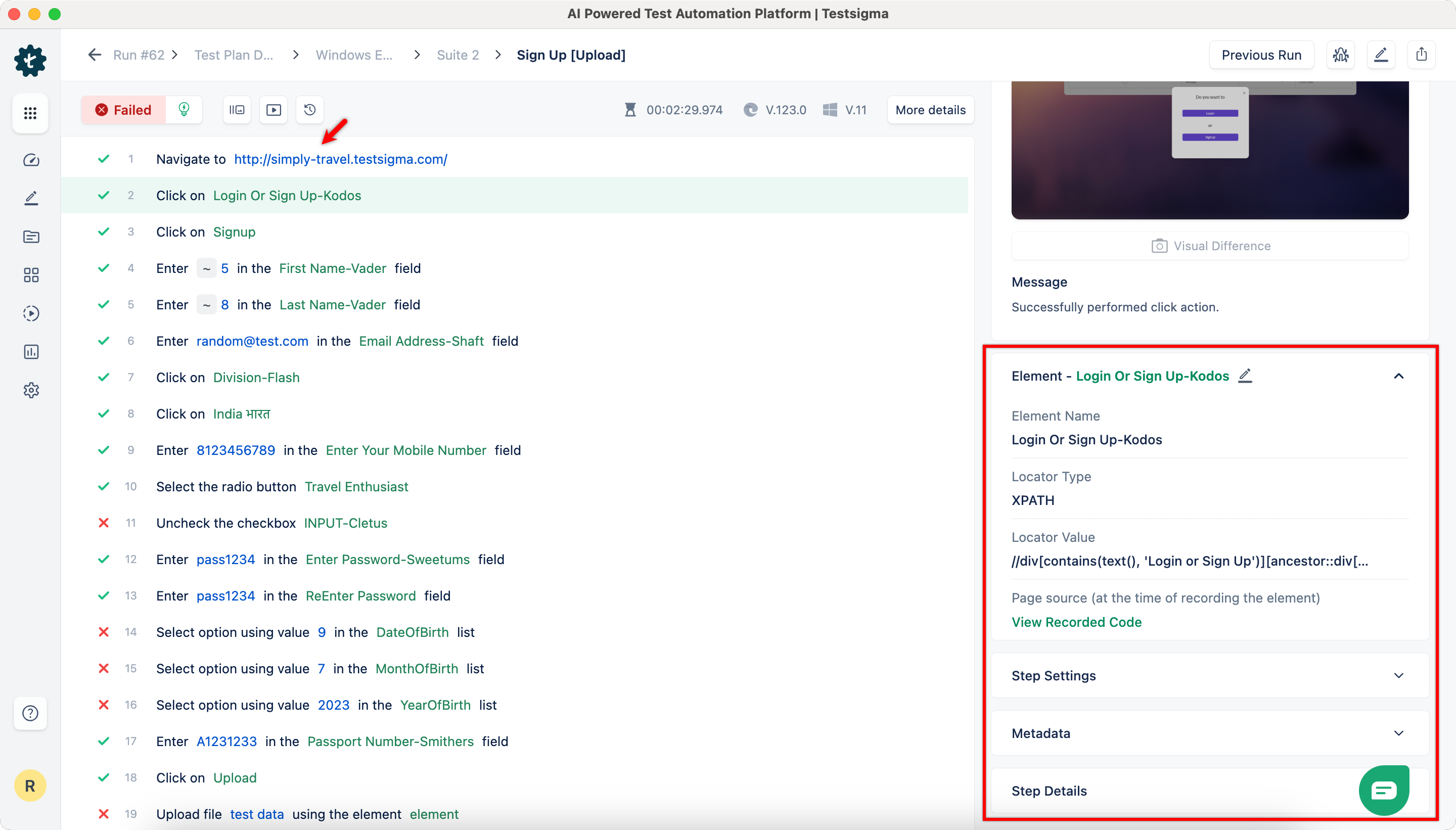 Detailed Result of a Test Case