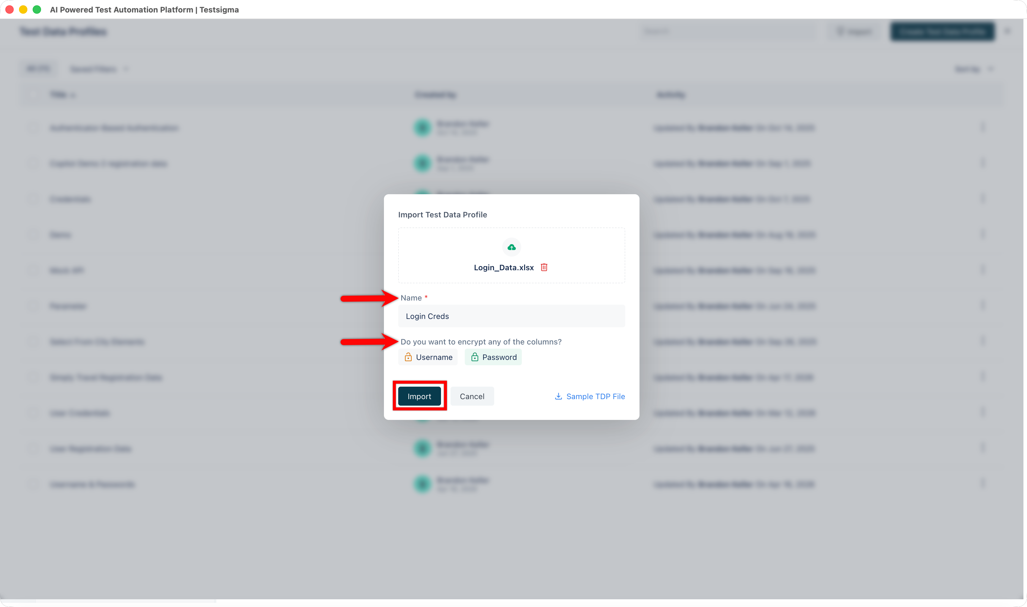 click import to complete import of test data profile