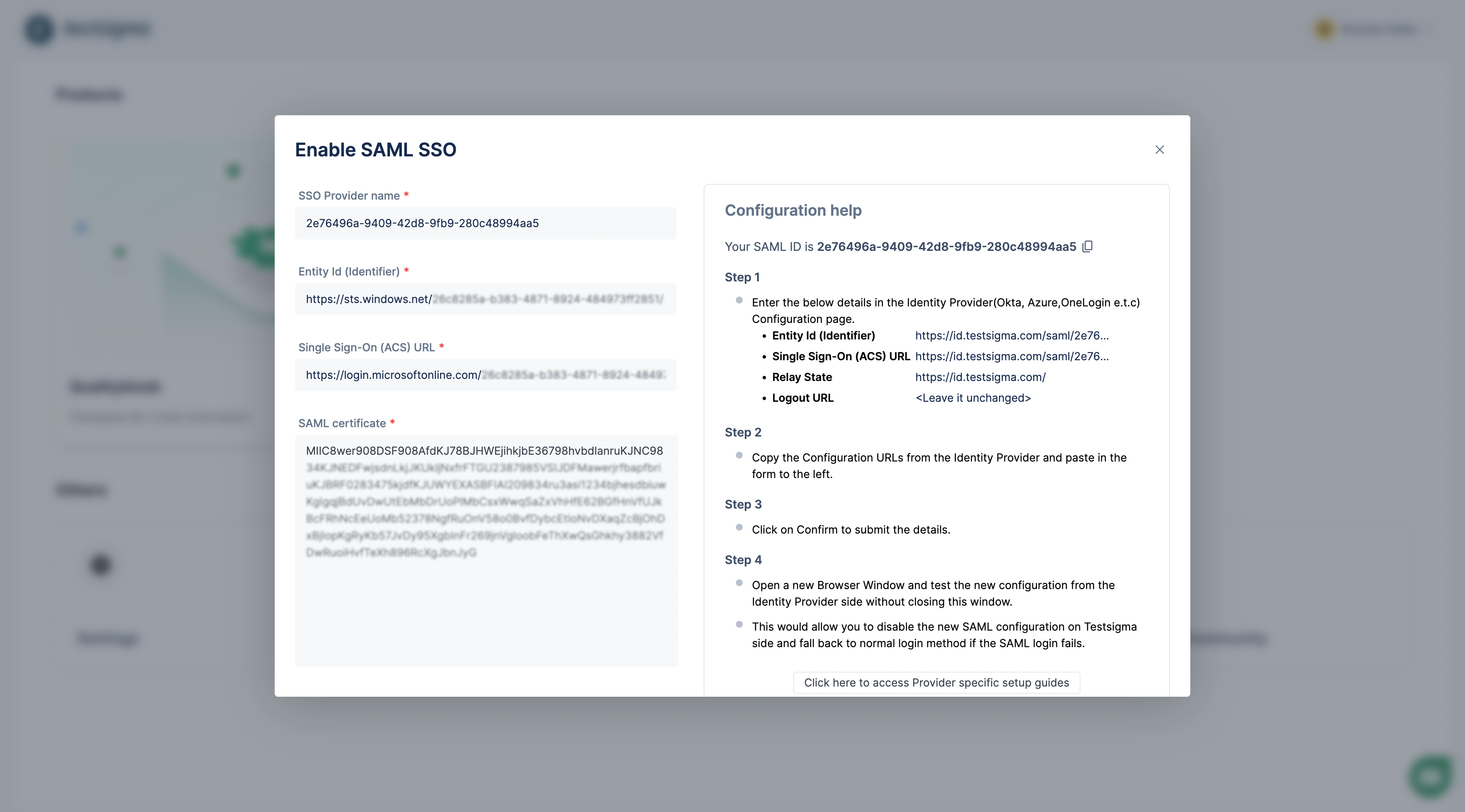 Azure Specific SAML Configuration On Testsigma