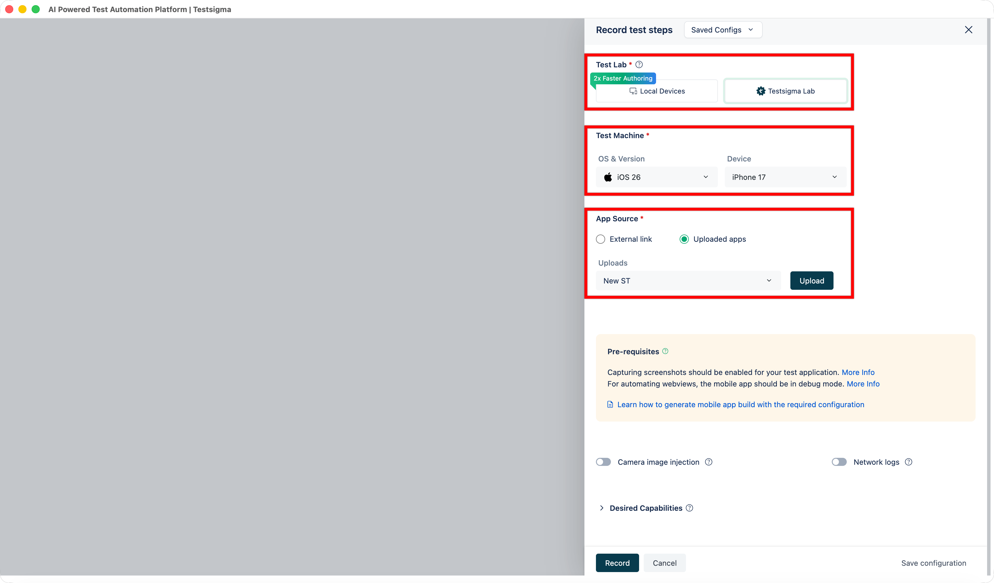 Record test steps overlay