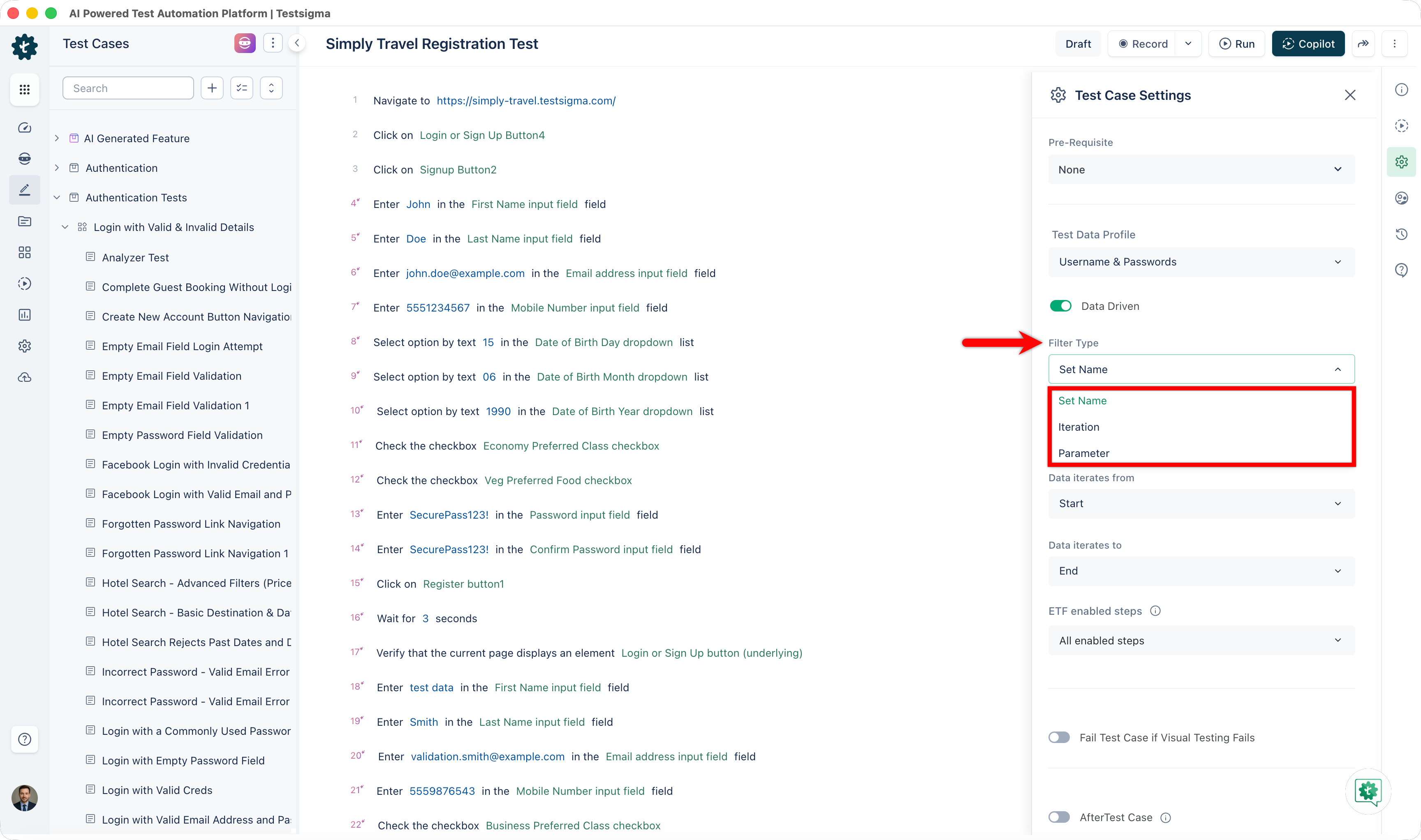 select data driven filters