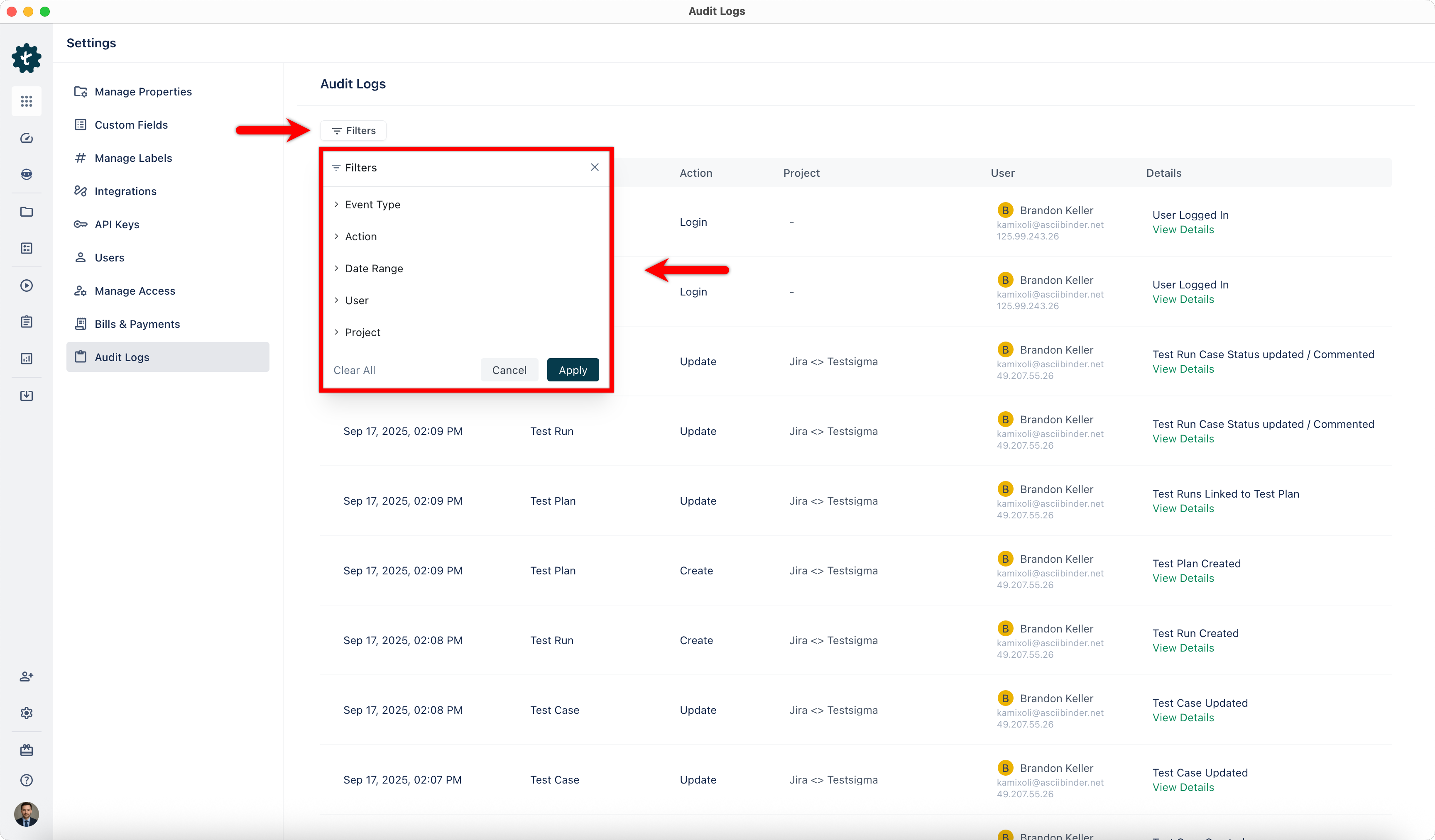 Filters in Audit Logs