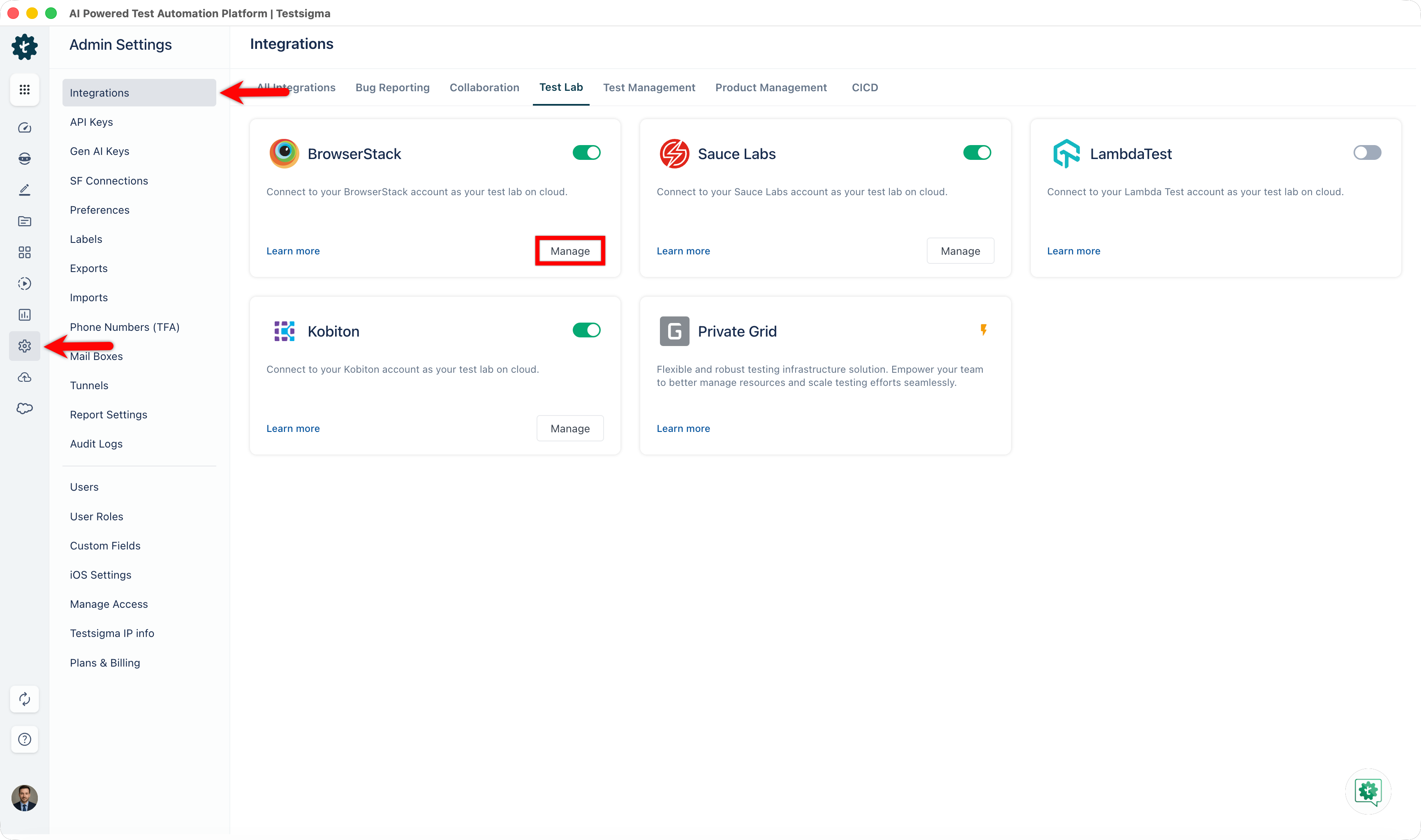 Manage Integrated Test Lab