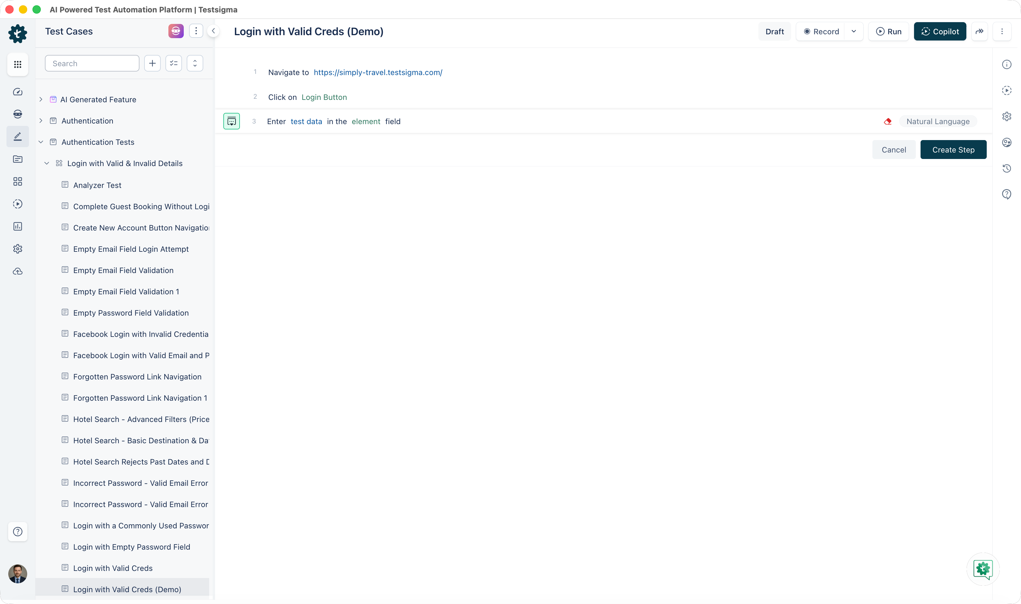 new test step that includes a placeholder for the test data