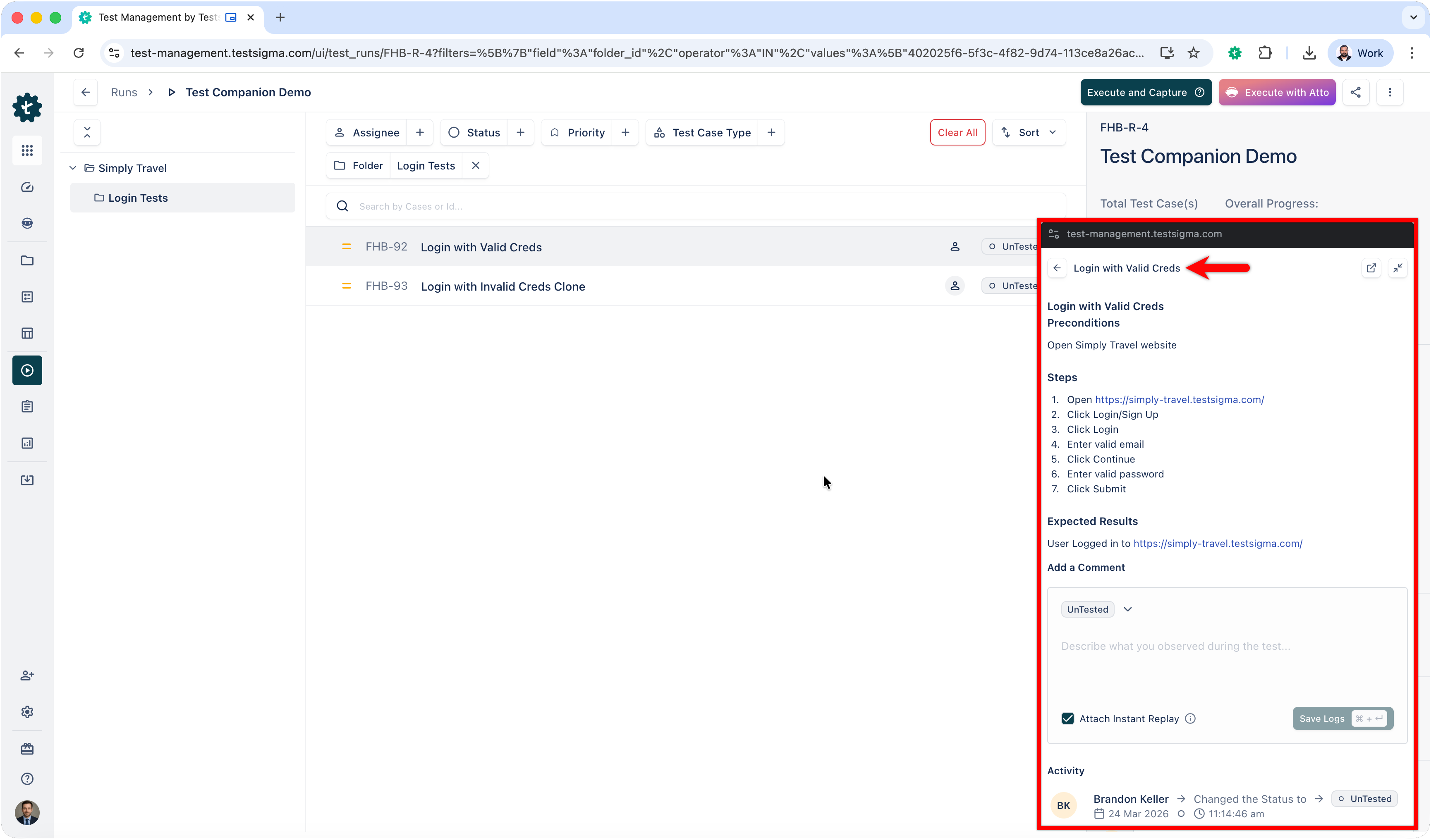 Open a test inside panel