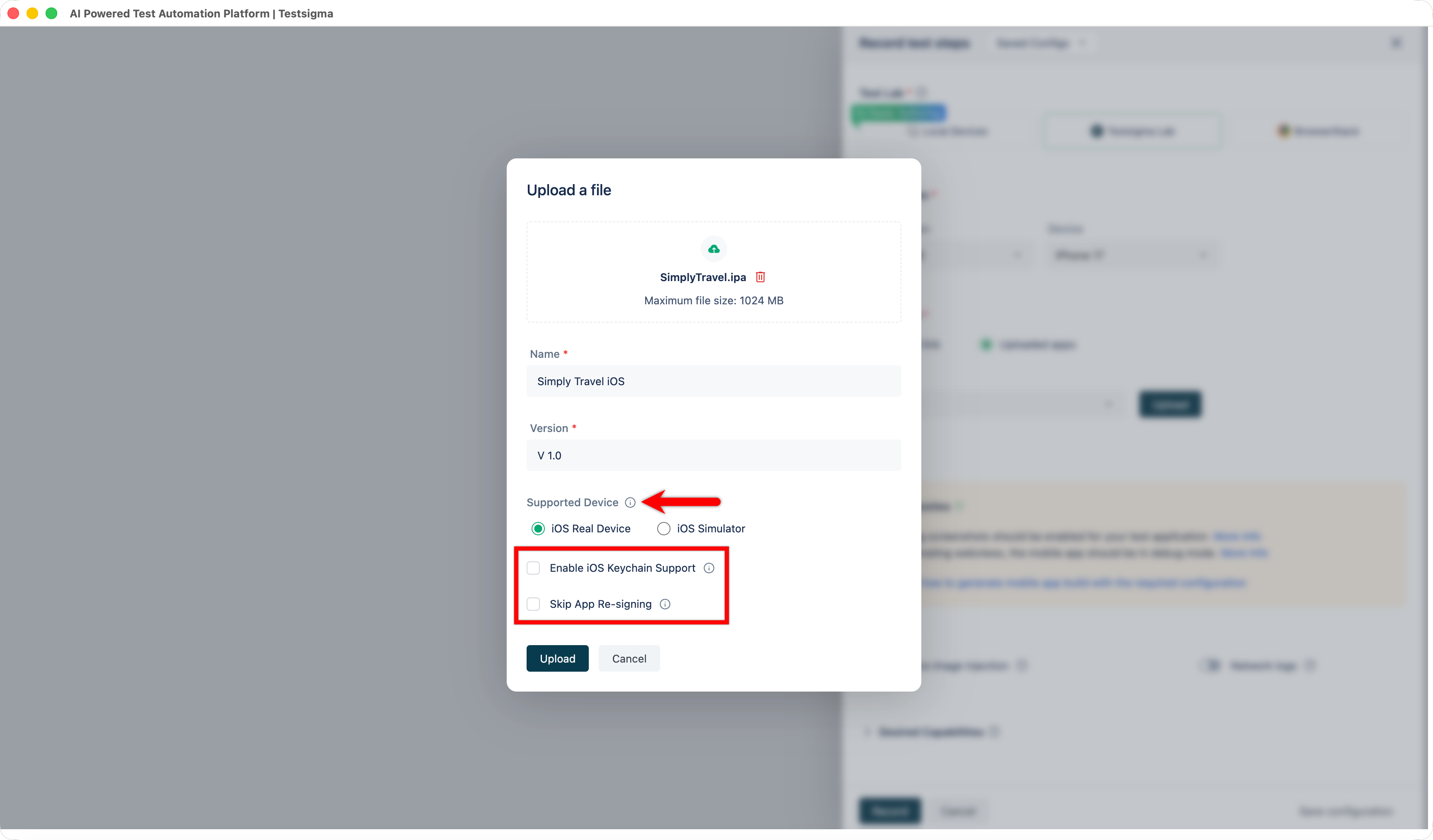 Options Available While Uploading IPA File